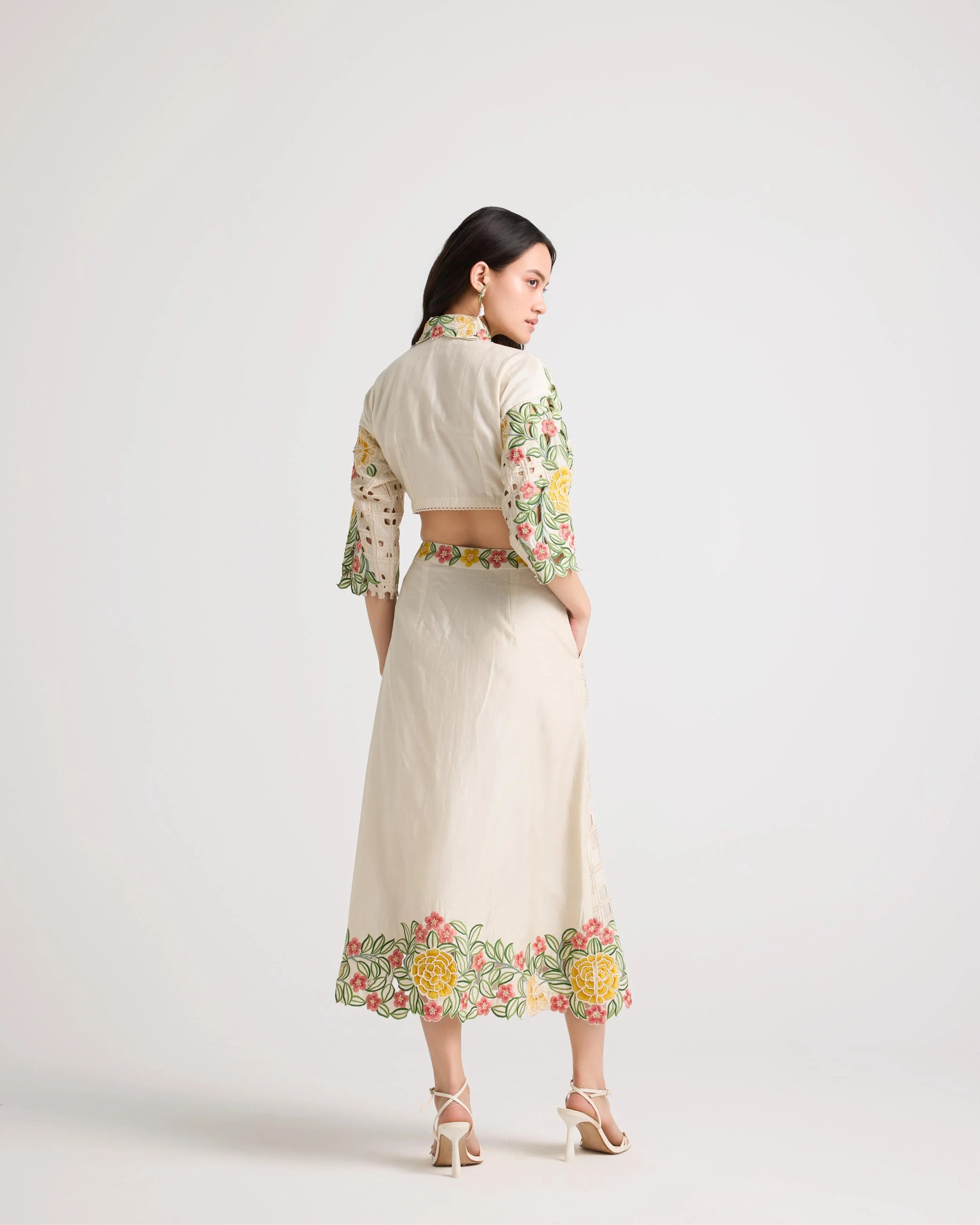 Ivory Floral Checkered Cutwork Buttondown Skirt