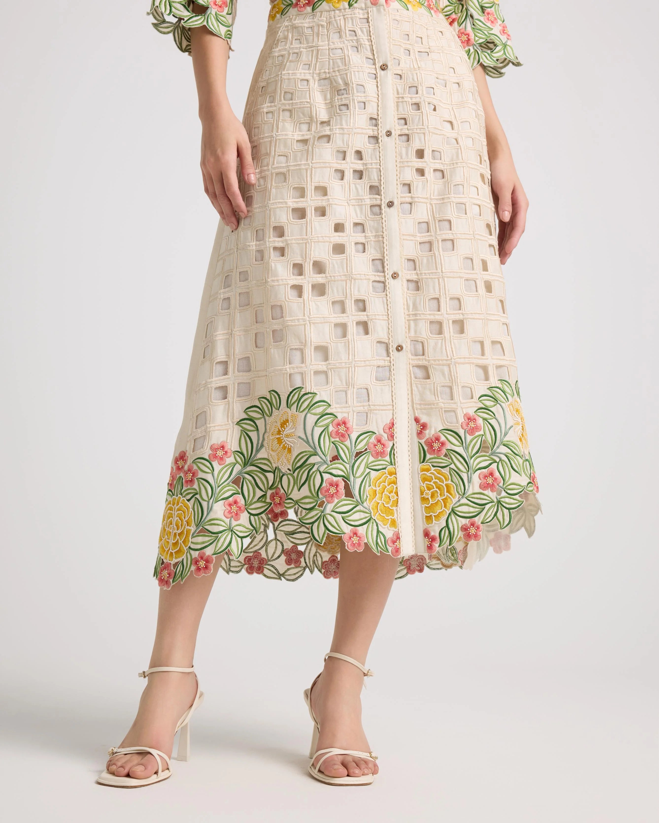 Ivory Floral Checkered Cutwork Buttondown Skirt