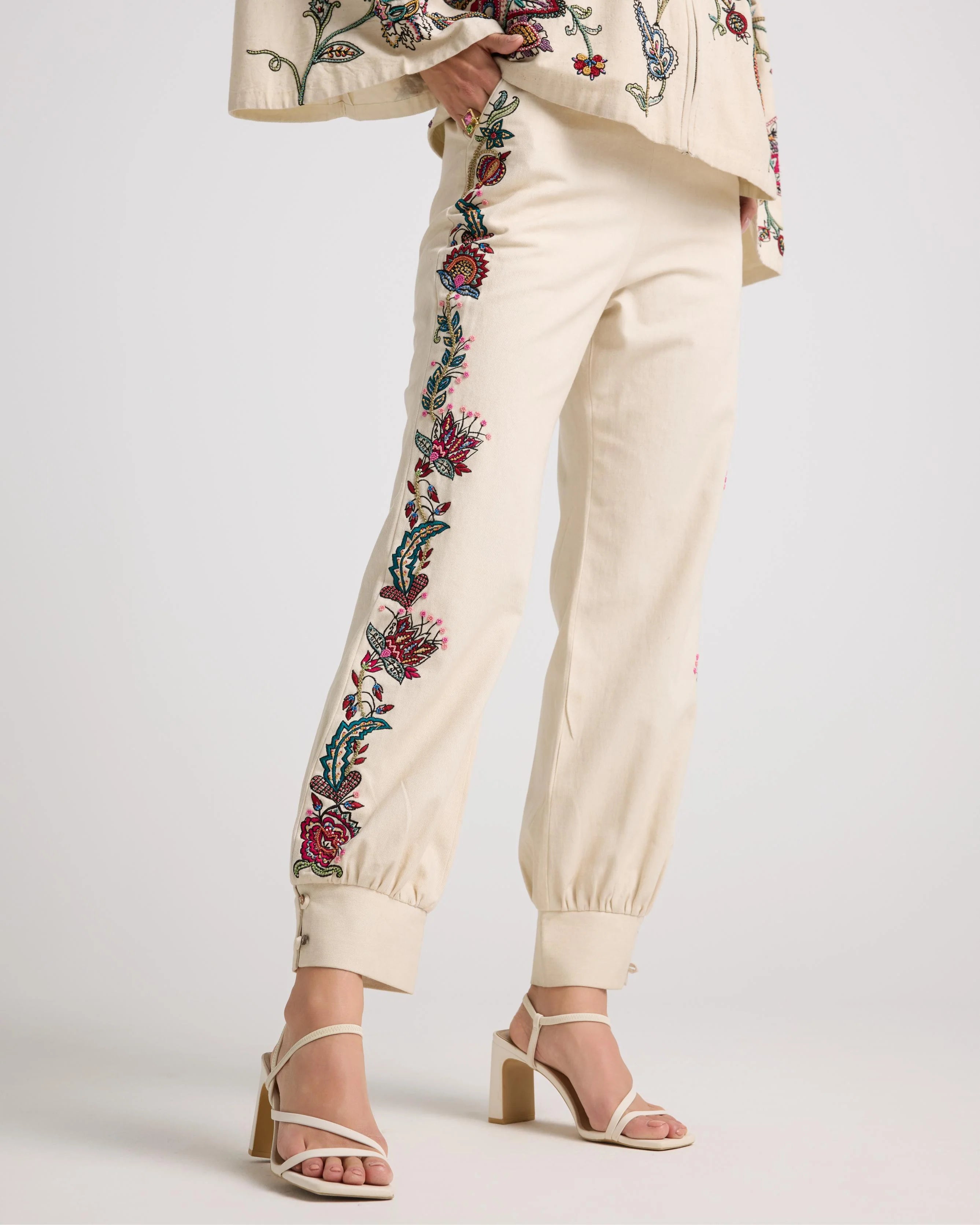 Ivory Embroidered Utility Pants
