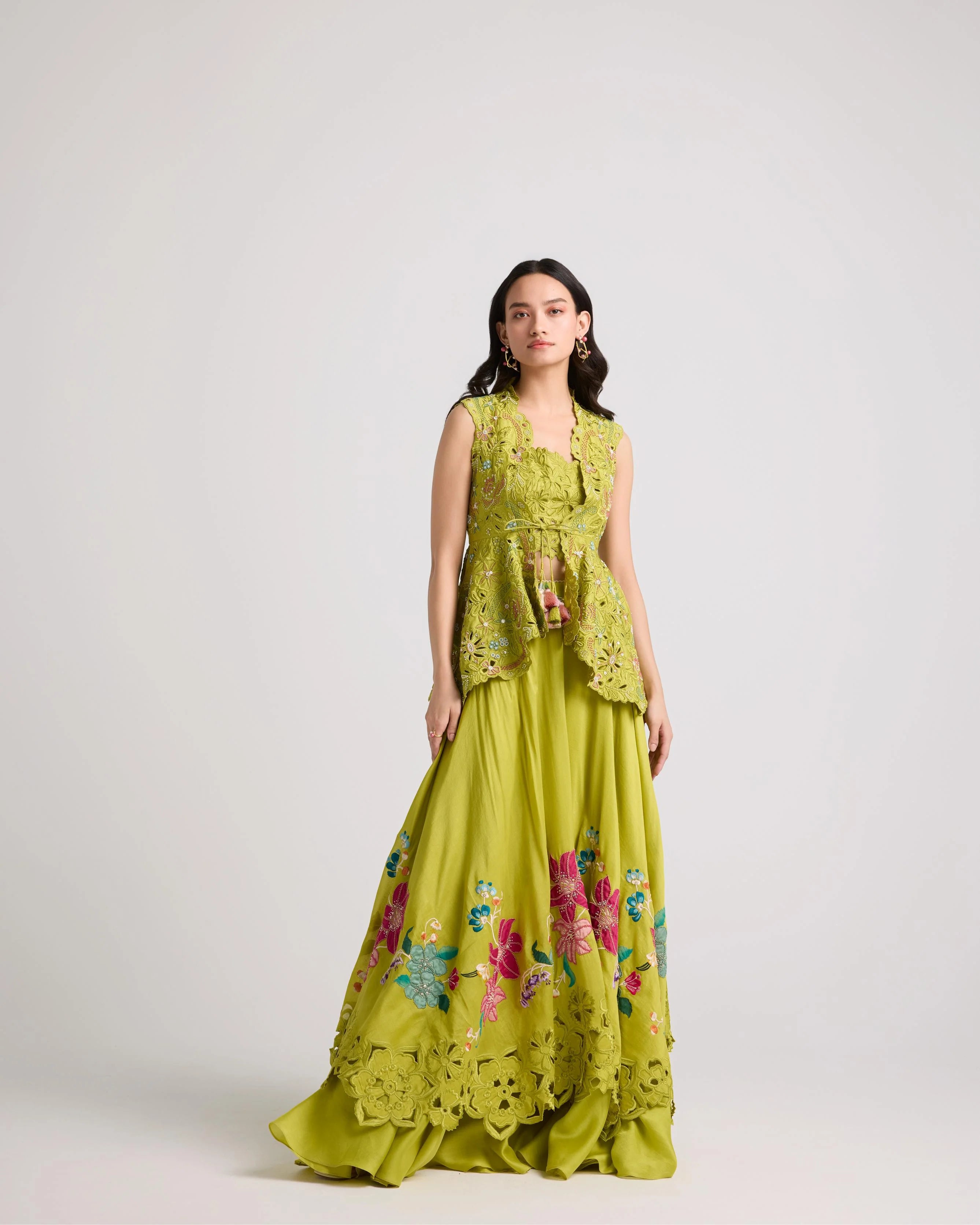 Lime Green Floral Applique Layered Lehenga