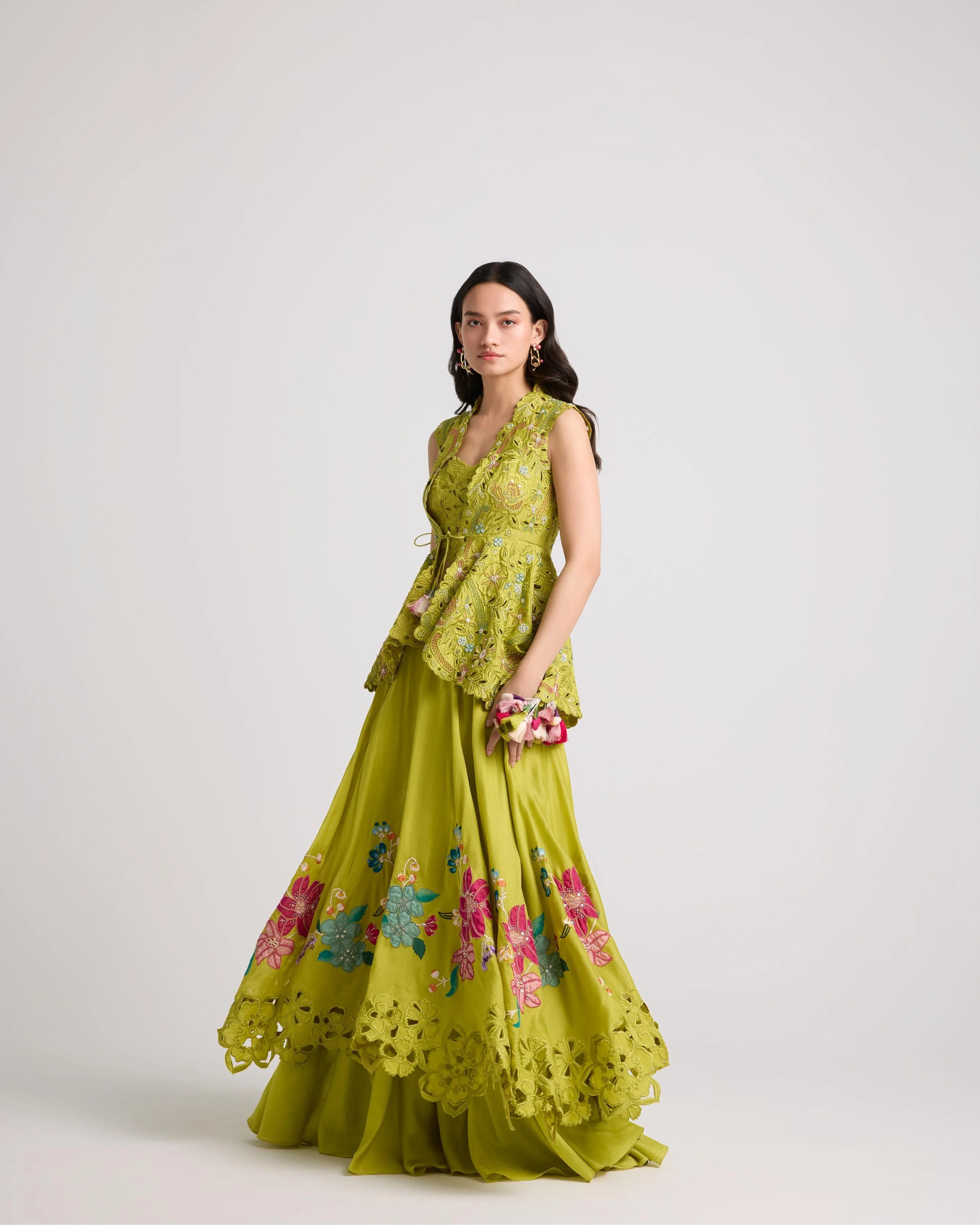 Lime Green Floral Applique Layered Lehenga