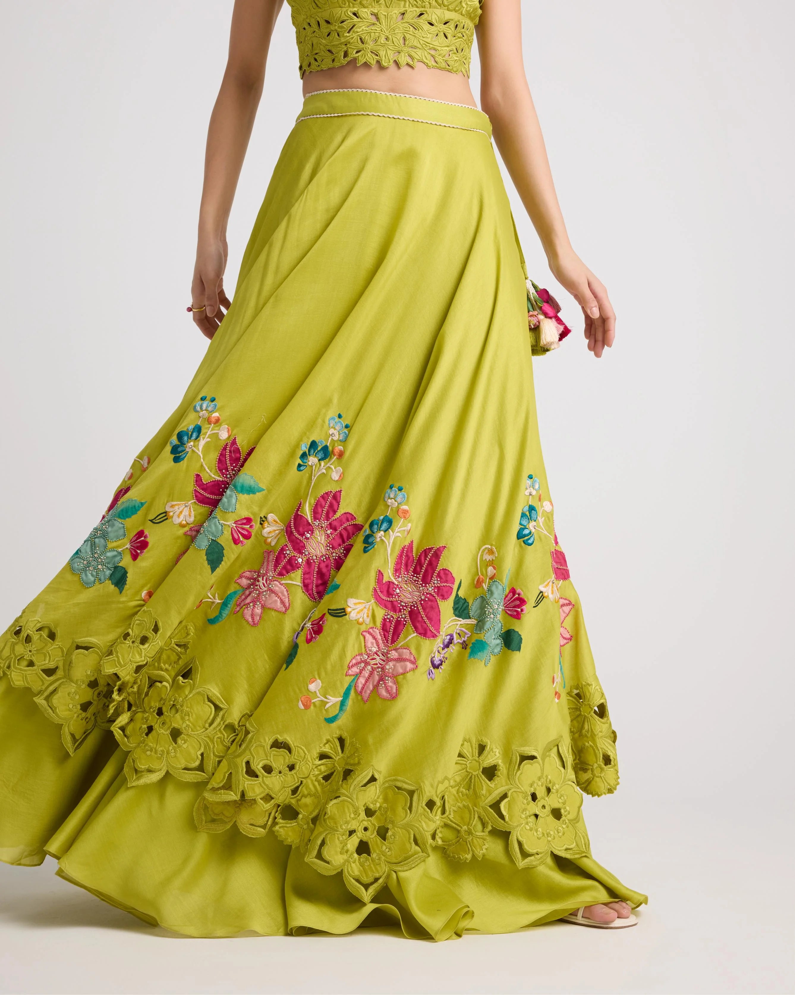 Lime Green Floral Applique Layered Lehenga