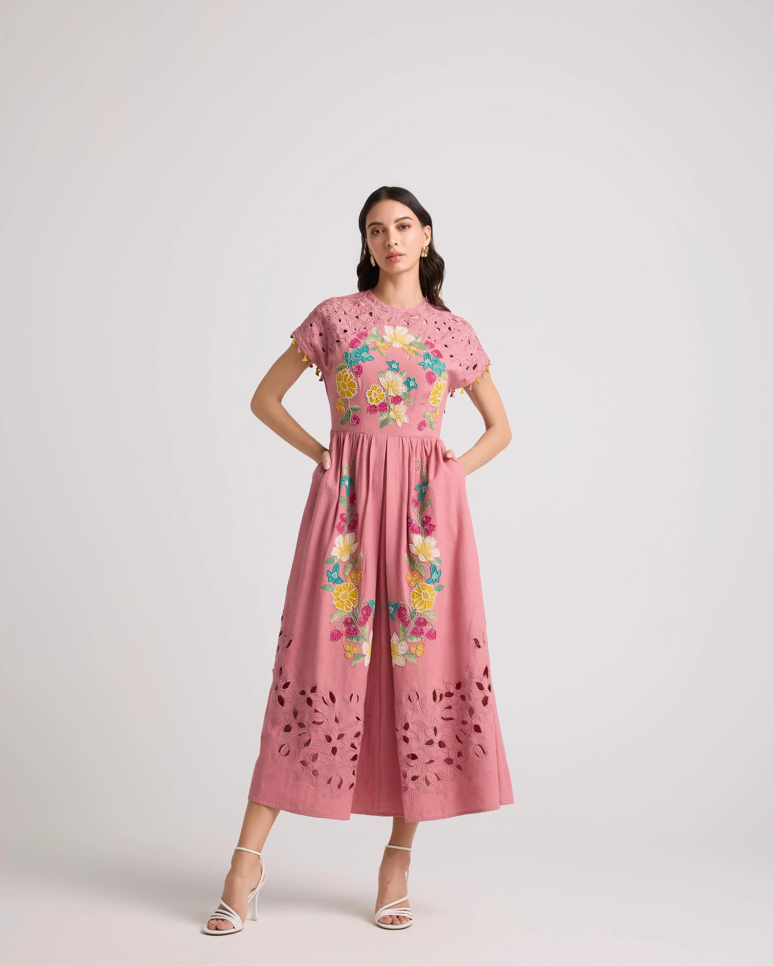 Blush Floral Applique And Cutwork Midi Dress