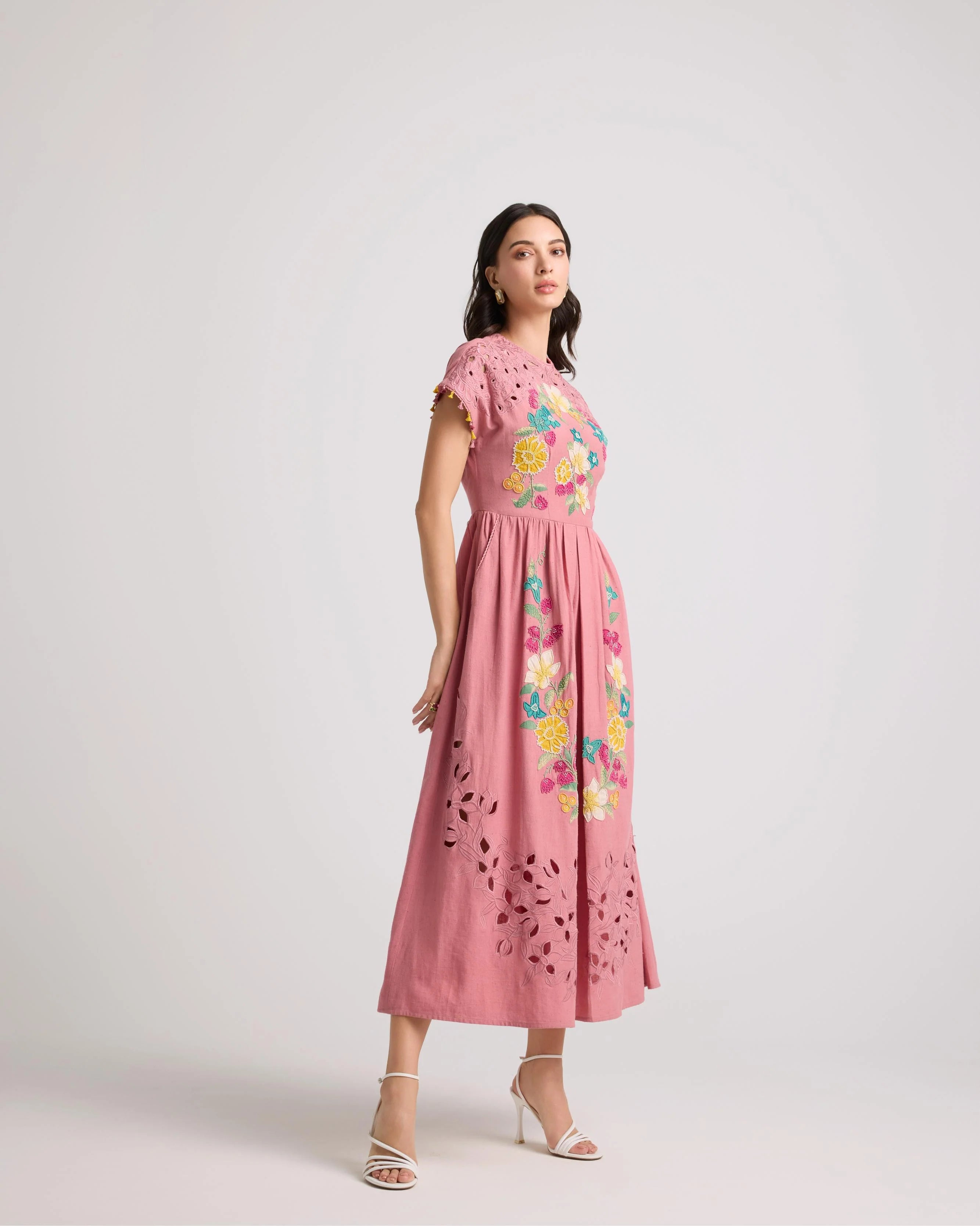 Blush Floral Applique And Cutwork Midi Dress