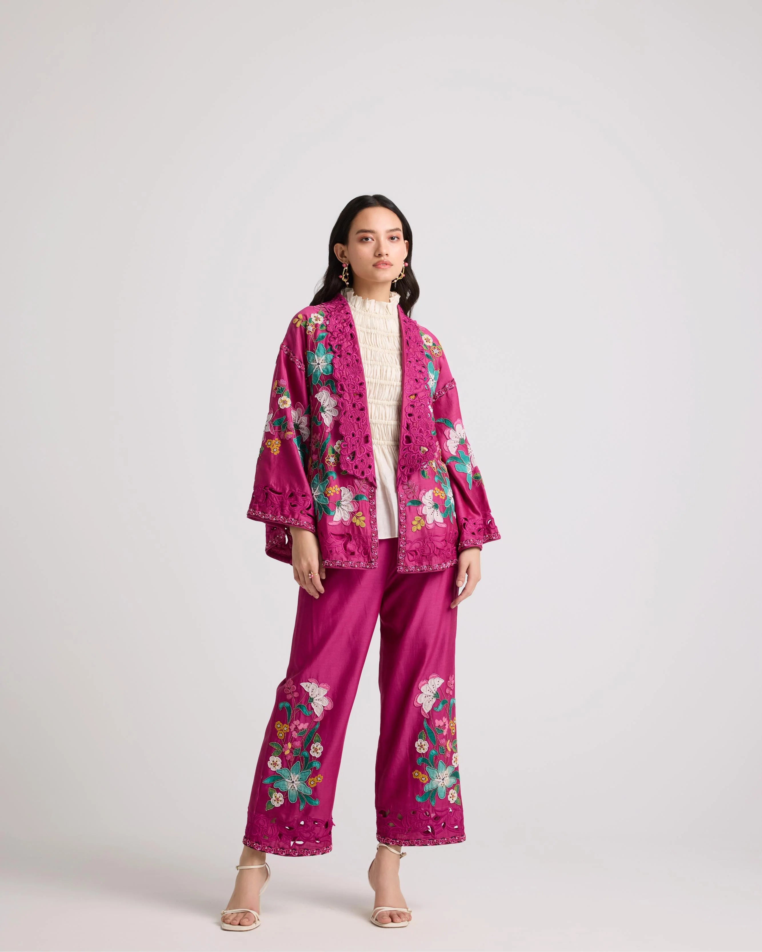 Fuchsia Applique and Beadwork Pants