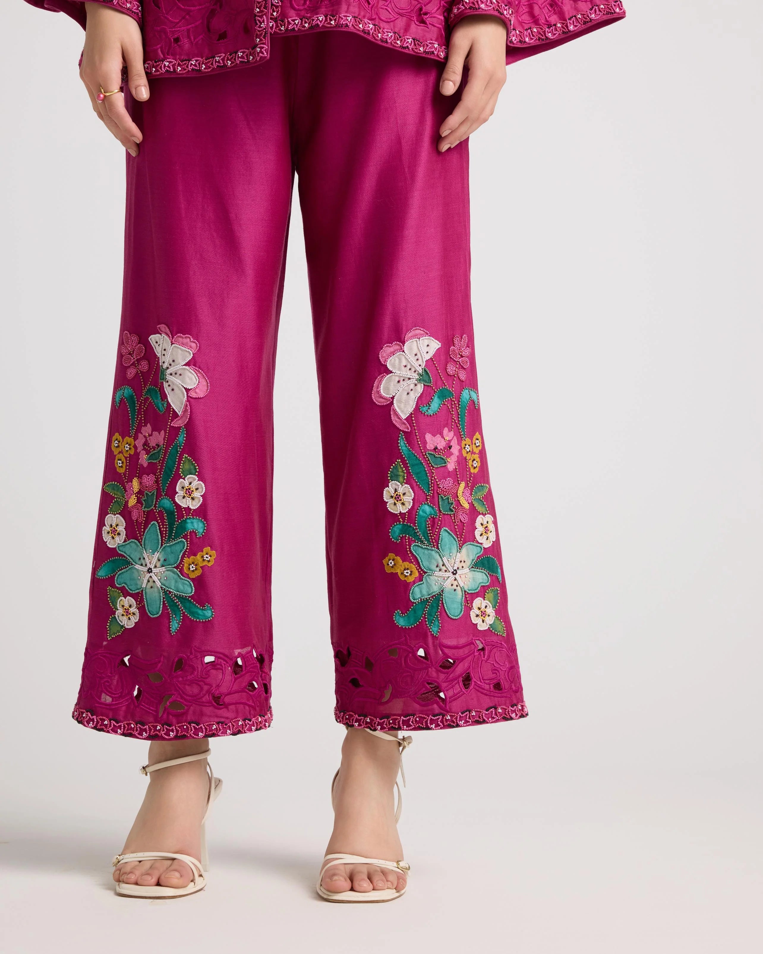Fuchsia Applique and Beadwork Pants
