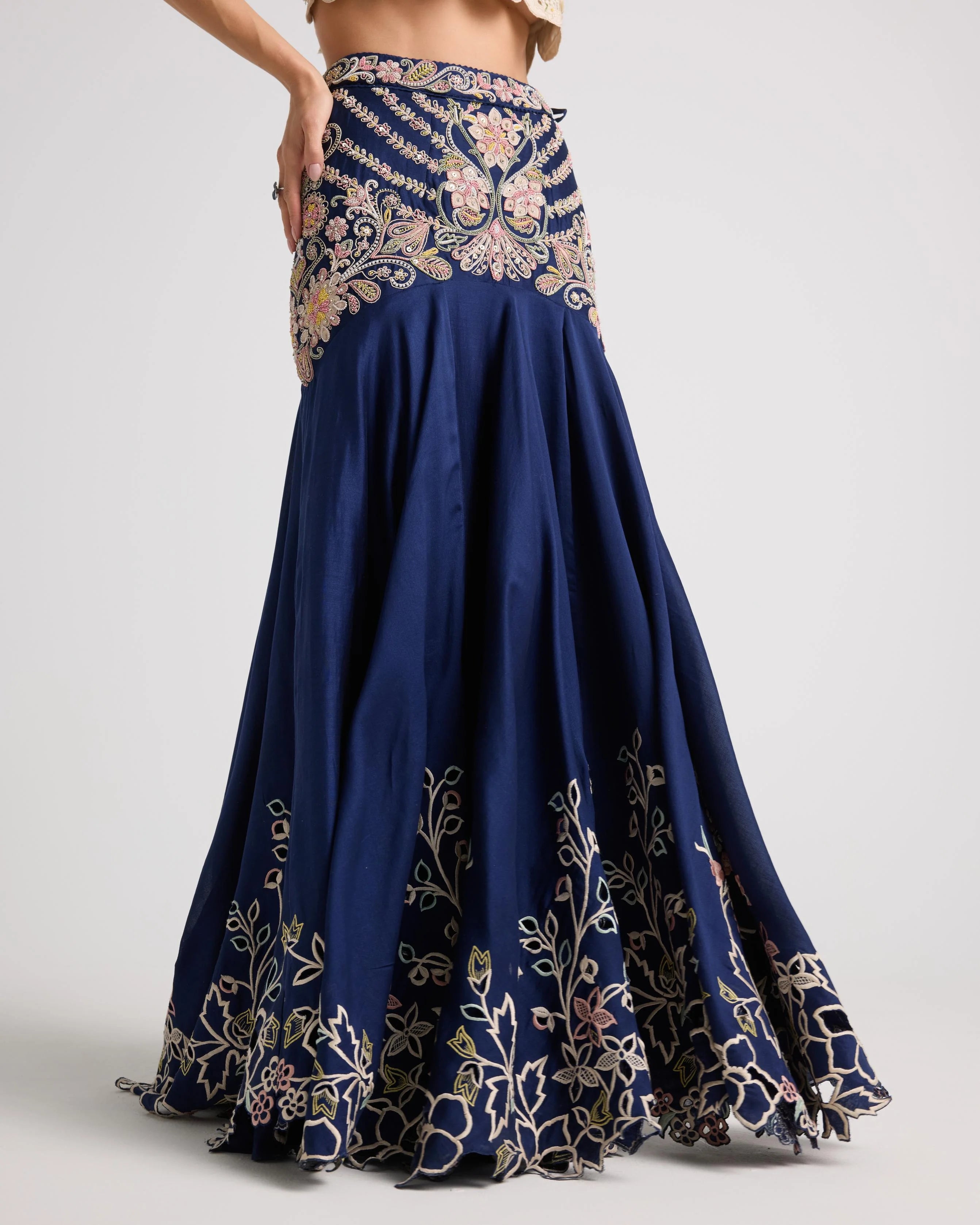 Indigo Contrast Cordwork Yoke Detail Lehenga