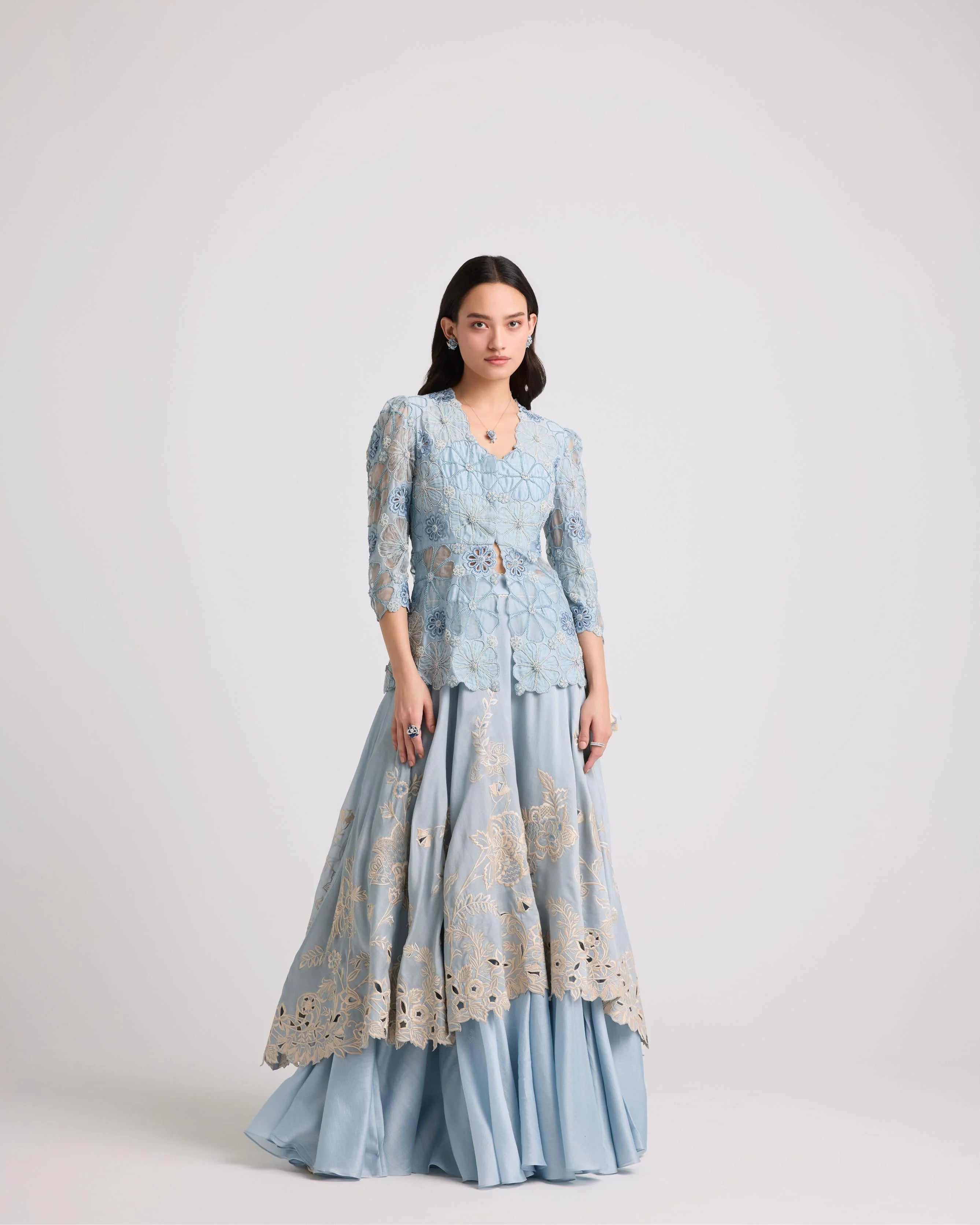 Powder Blue Contrast Cutwork Layered Lehenga