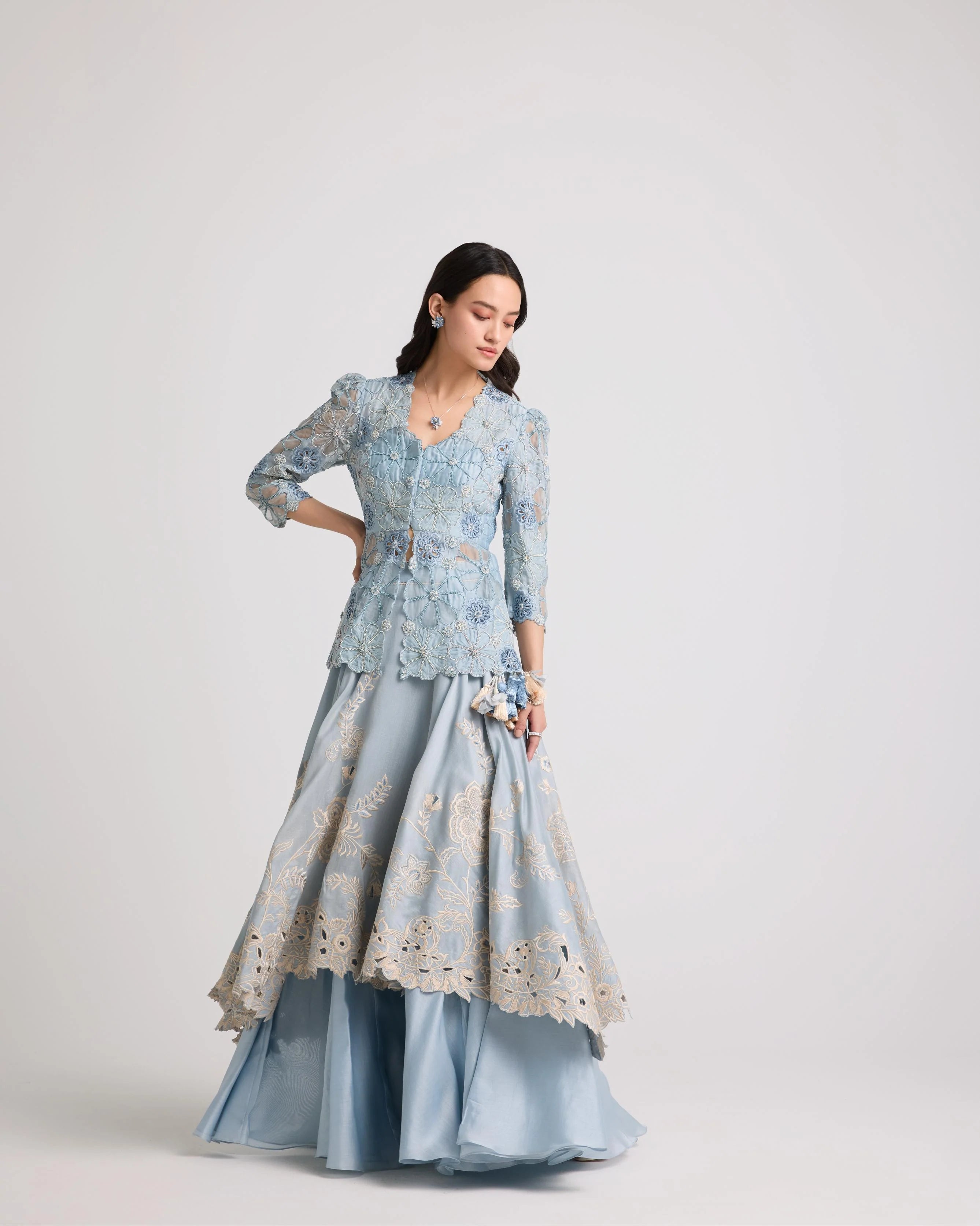 Powder Blue Contrast Cutwork Layered Lehenga