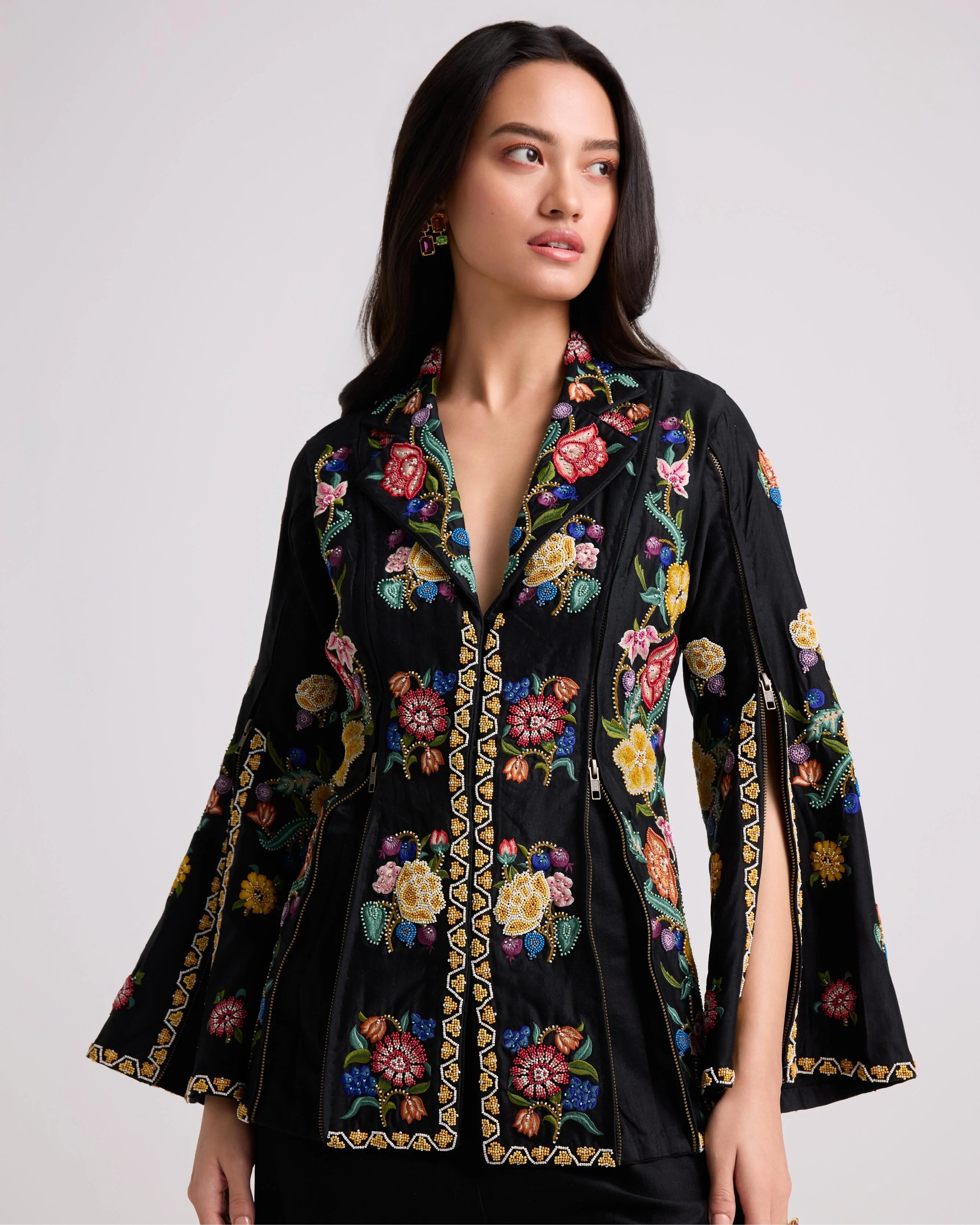 Black Floral Zipper Detail Jacket