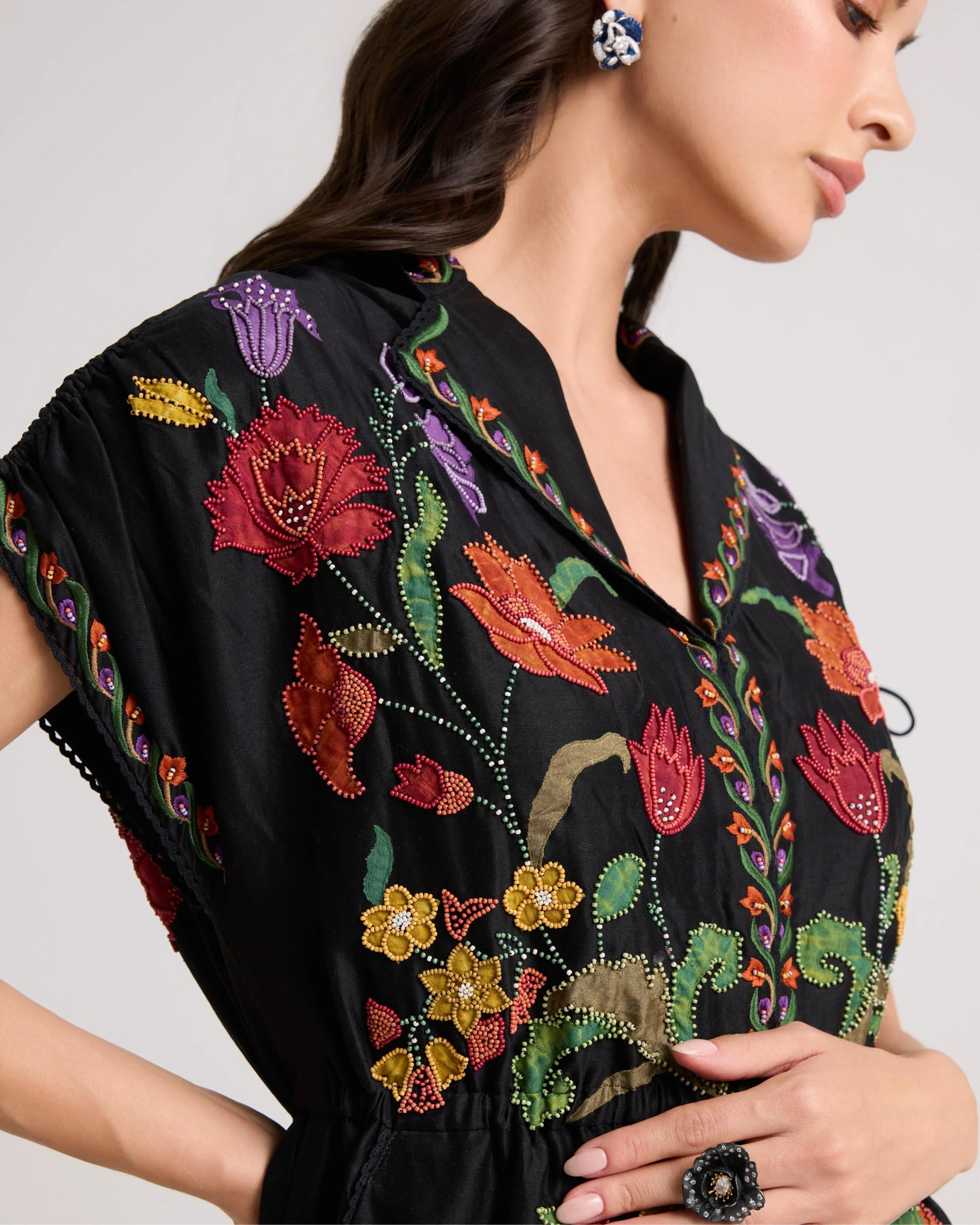 Black Applique And Beadwork Shirt Dress