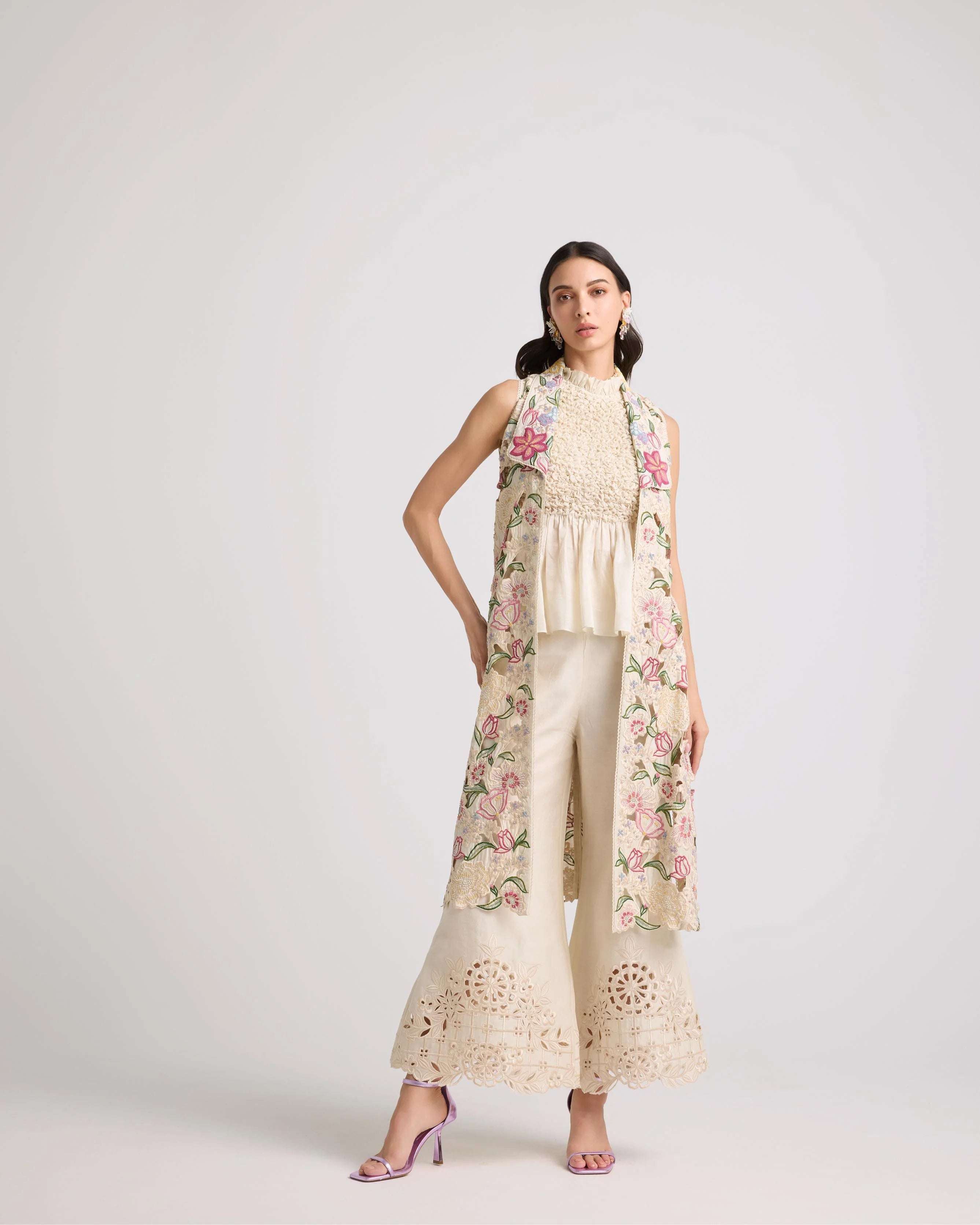 Ivory Tulip Cutwork Long Jacket