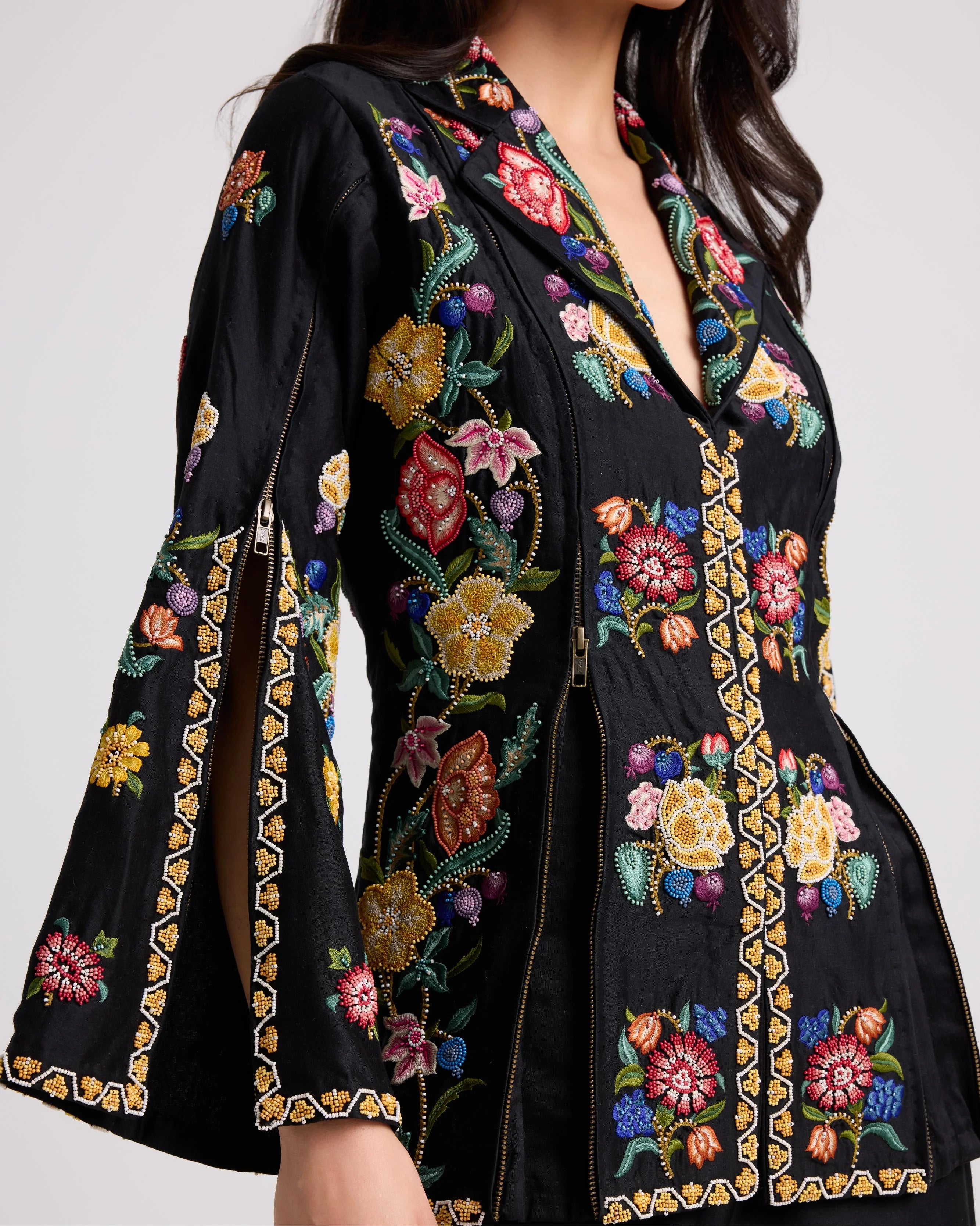 Black Floral Zipper Detail Jacket