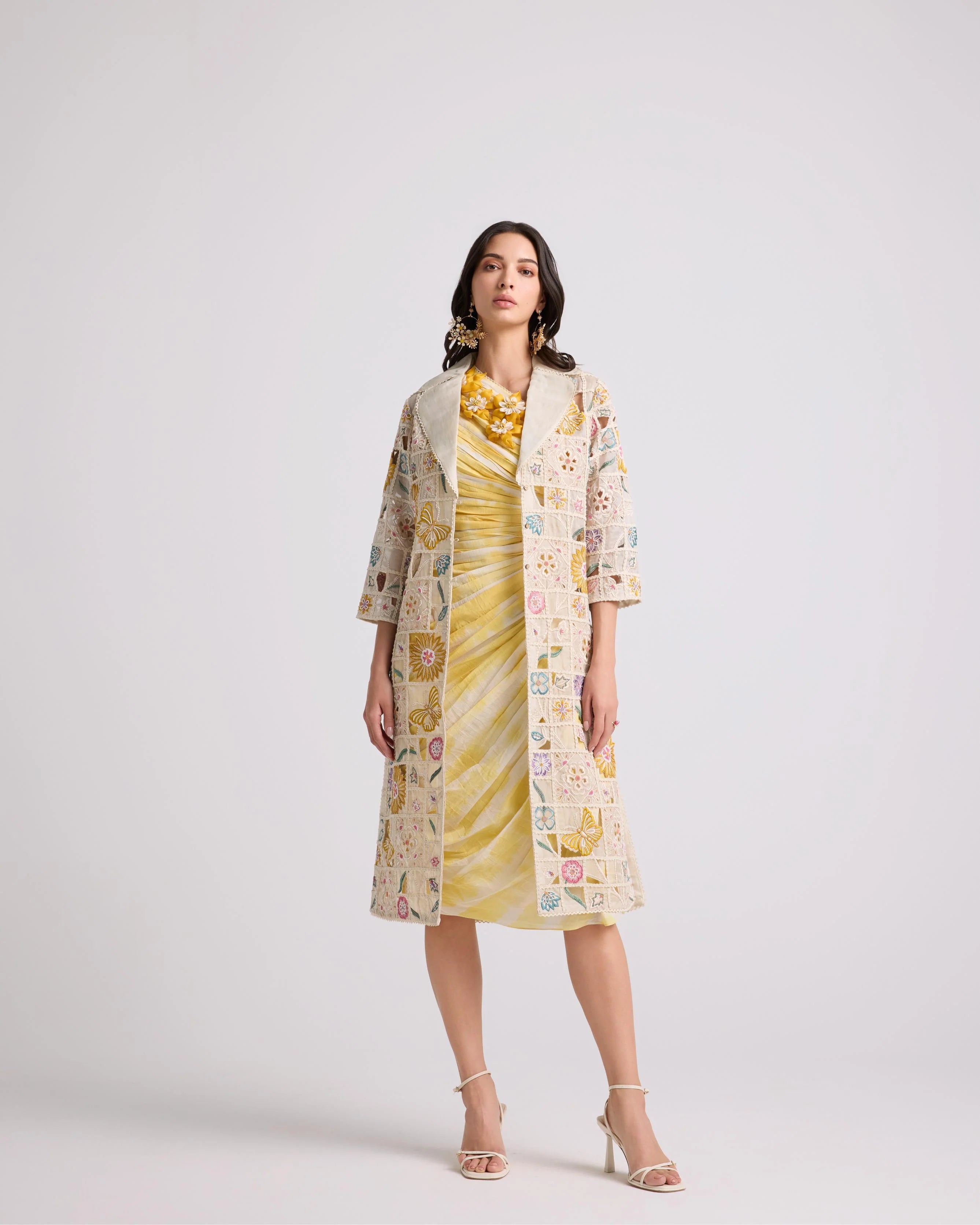 Ivory Floral Checkered Long Jacket