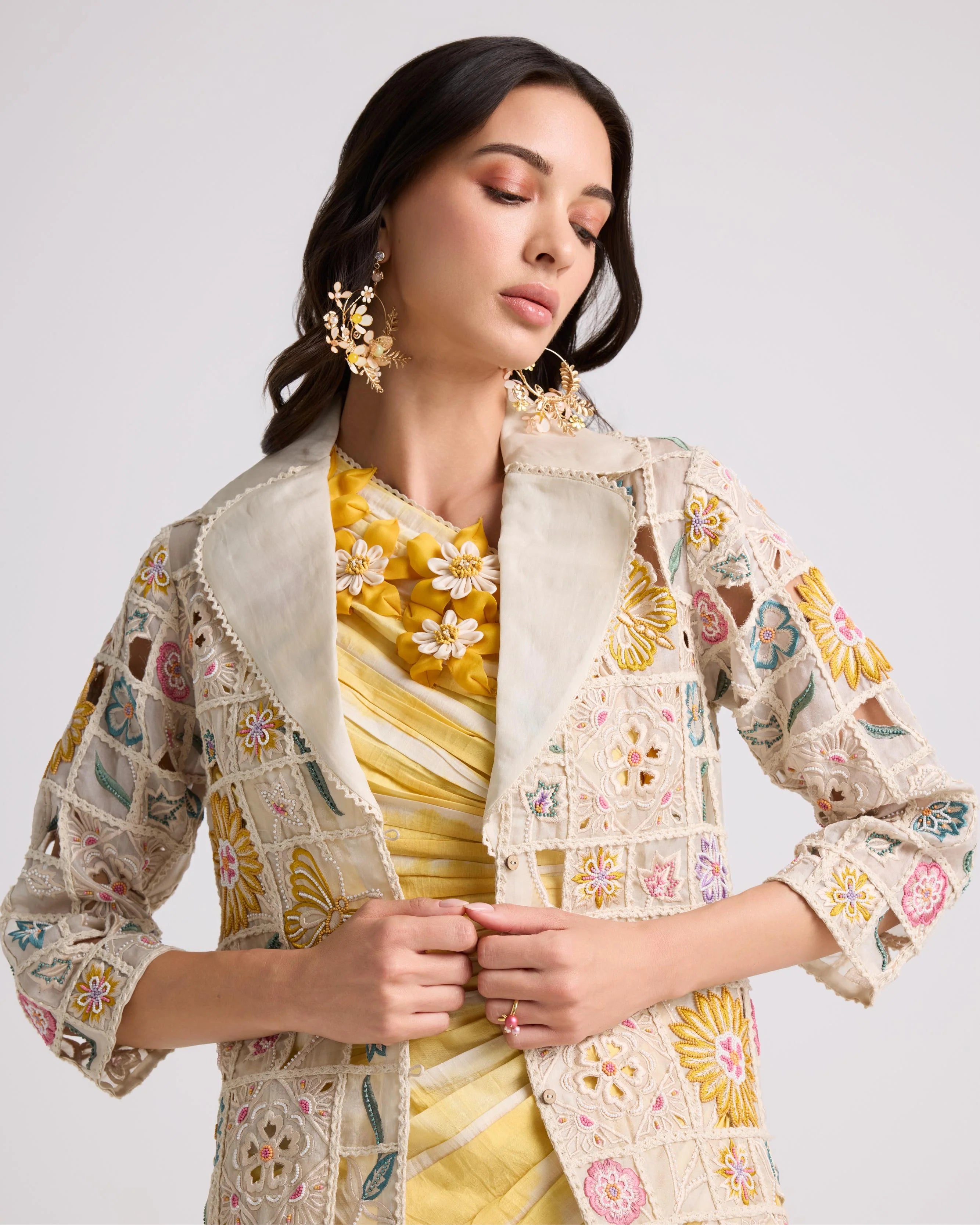 Ivory Floral Checkered Long Jacket