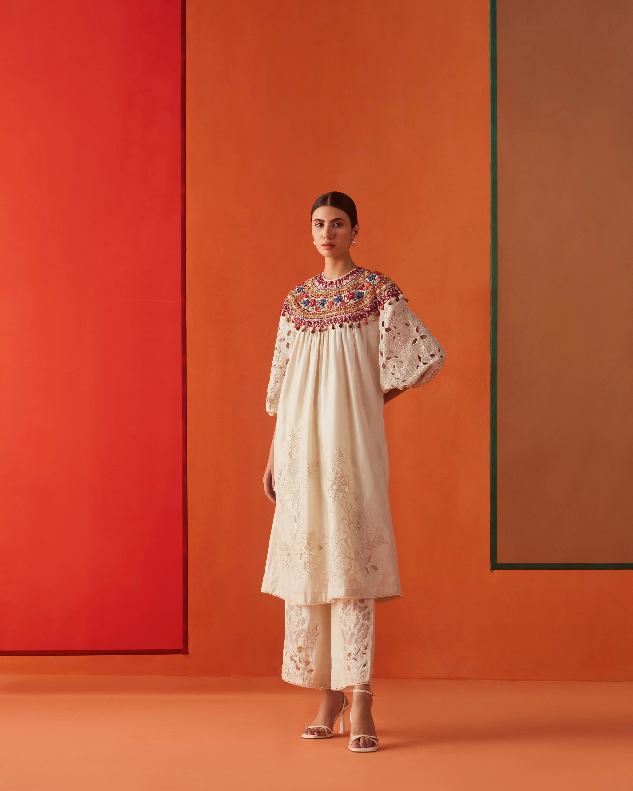 IVORY EMBROIDERED YOKE DETAIL KURTA WITH SHEER APPLIQUE AND CUTWORK PANTS