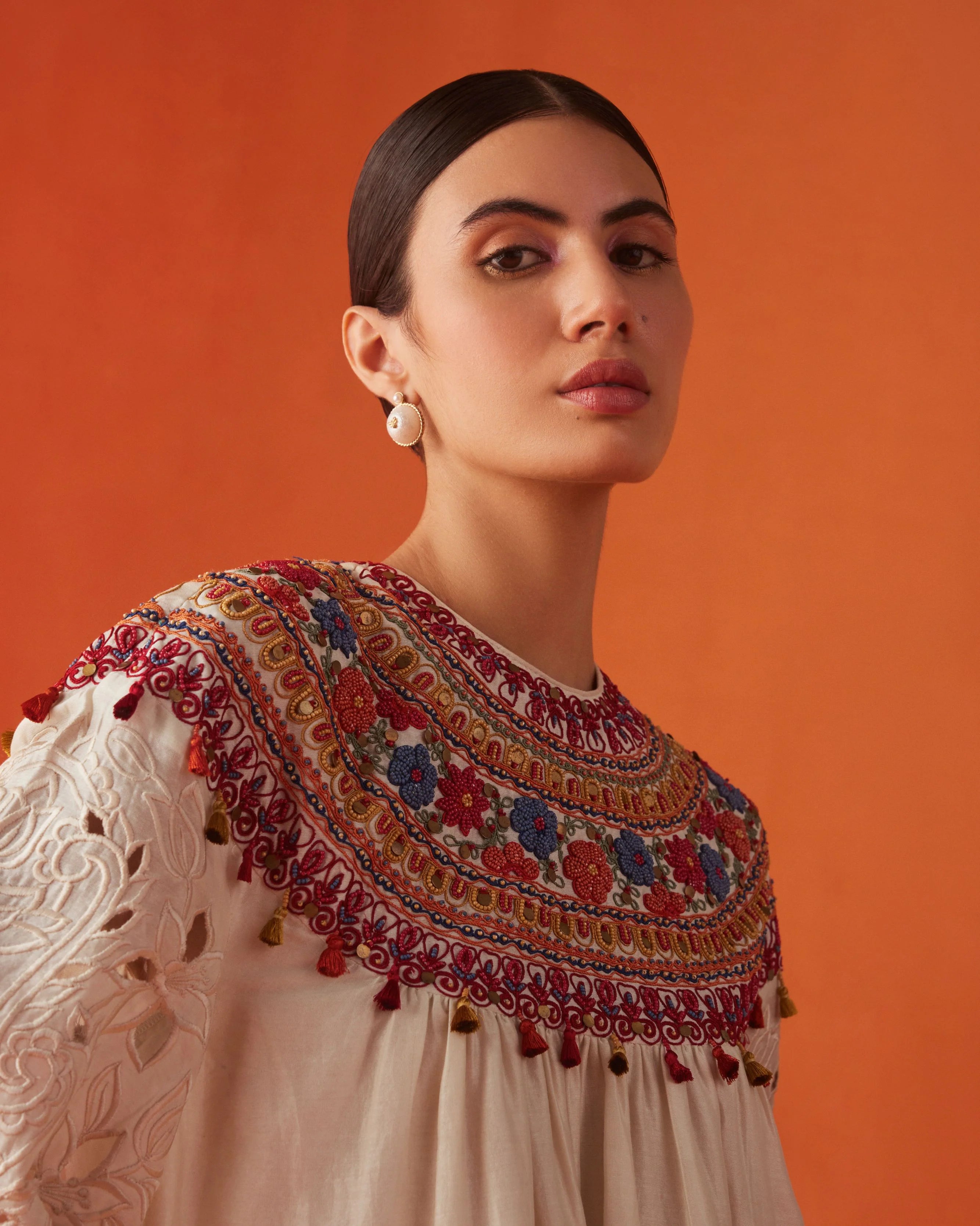 IVORY EMBROIDERED YOKE DETAIL KURTA WITH SHEER APPLIQUE AND CUTWORK PANTS