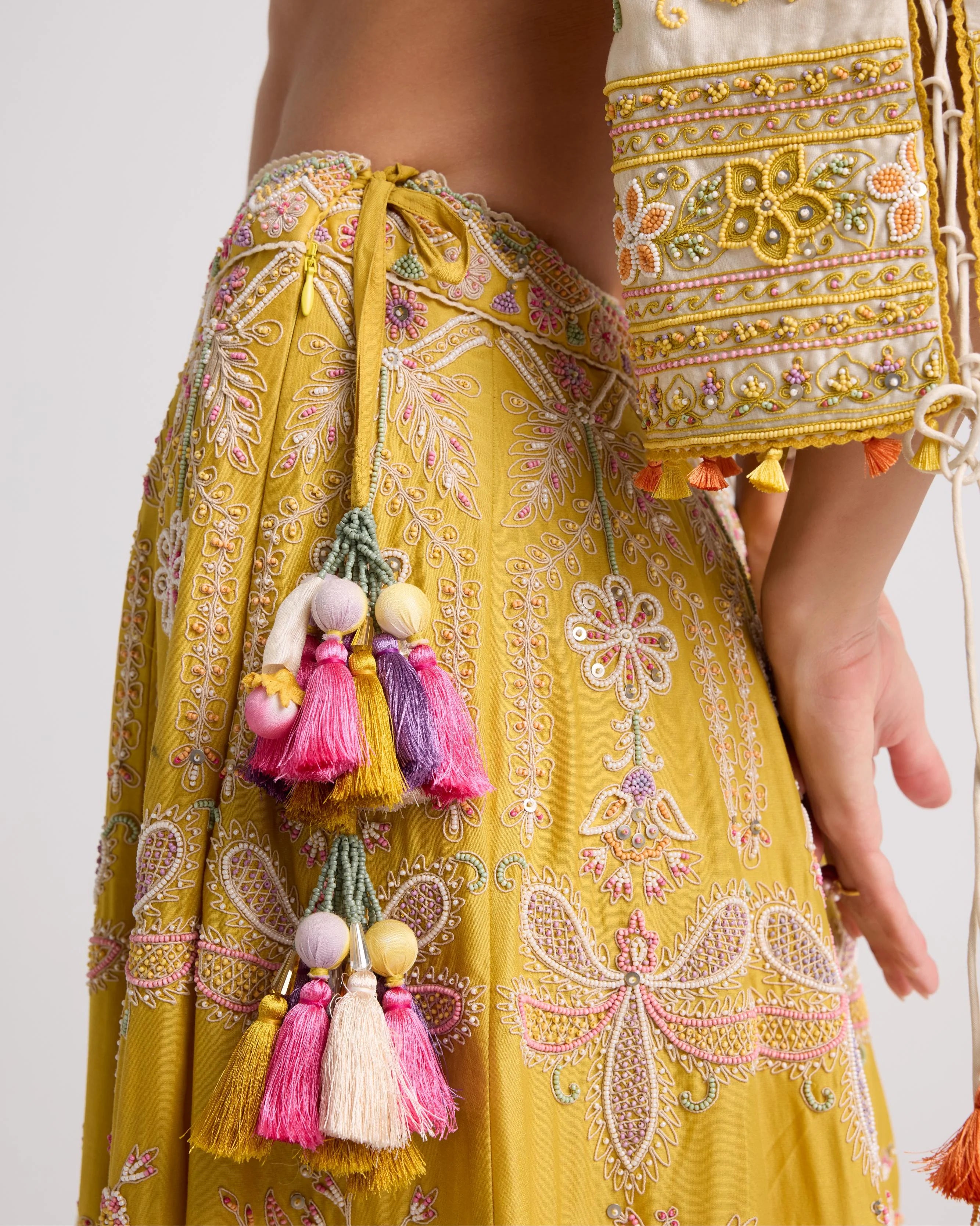 Yellow Contrast Cordwork And Beadwork Lehenga