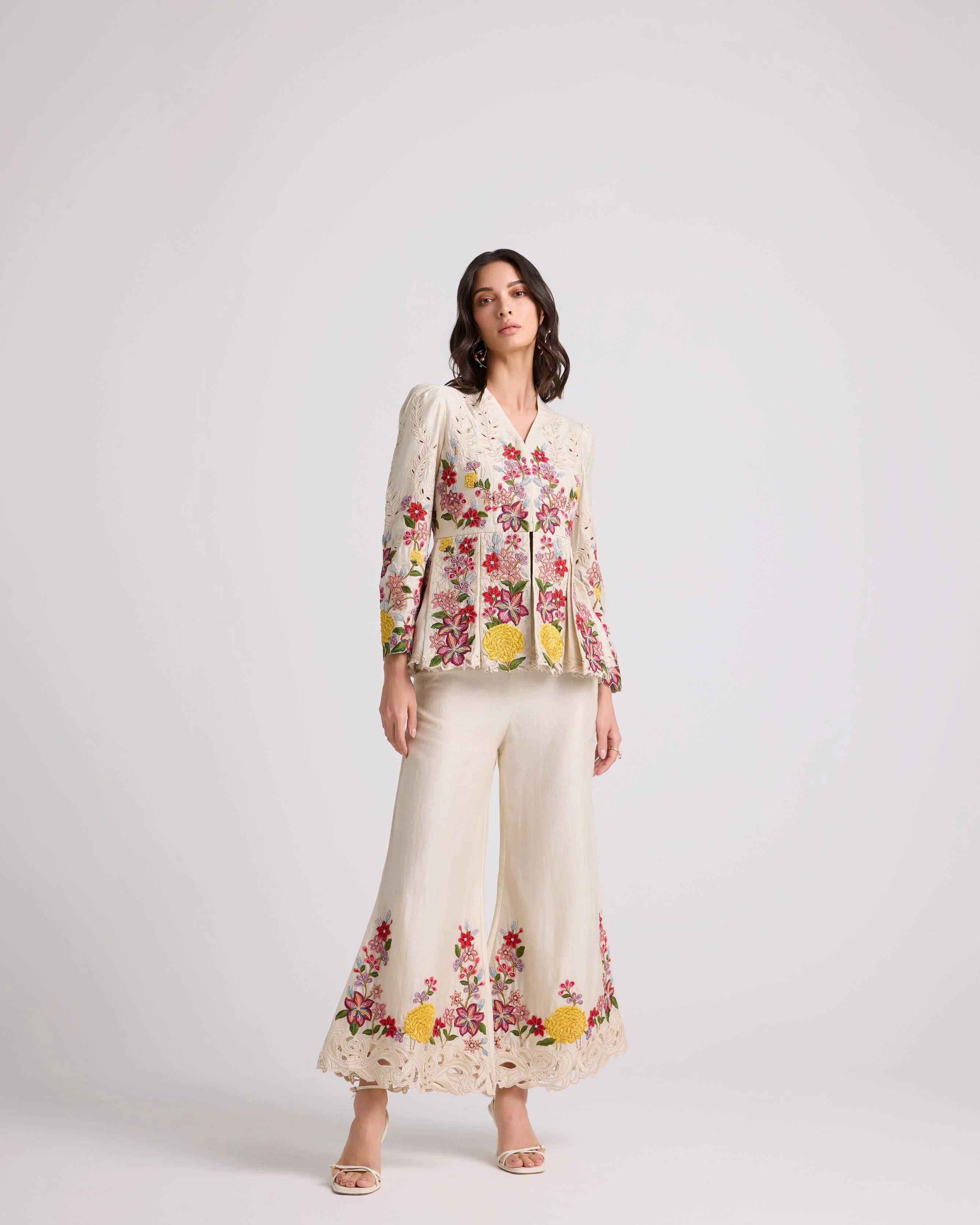 Ivory Floral Threadwork Bell Bottom Pants