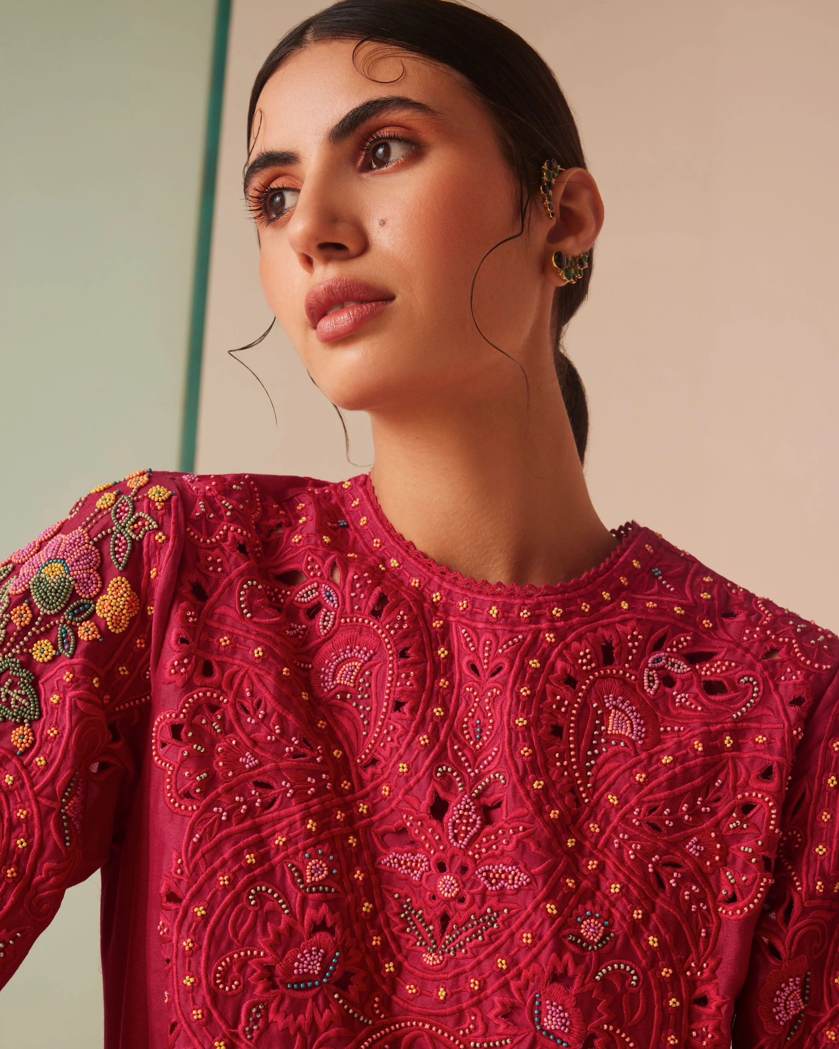 FUCHSIA CUTWORK AND BEADWORK KURTA WITH CUTWORK PANTS