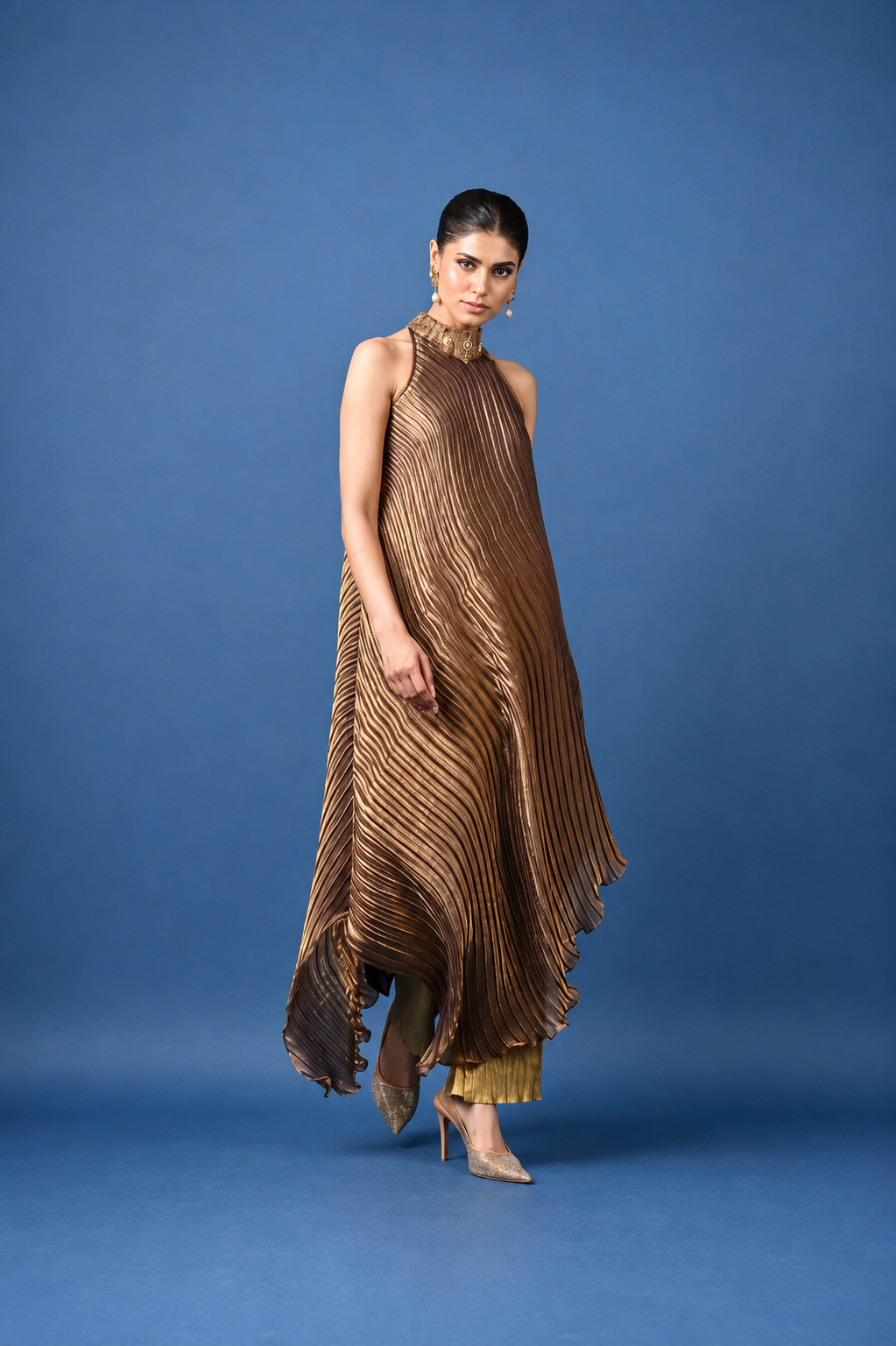 Antique Gold Pleated Embroidered Halter-Neck Kurta
