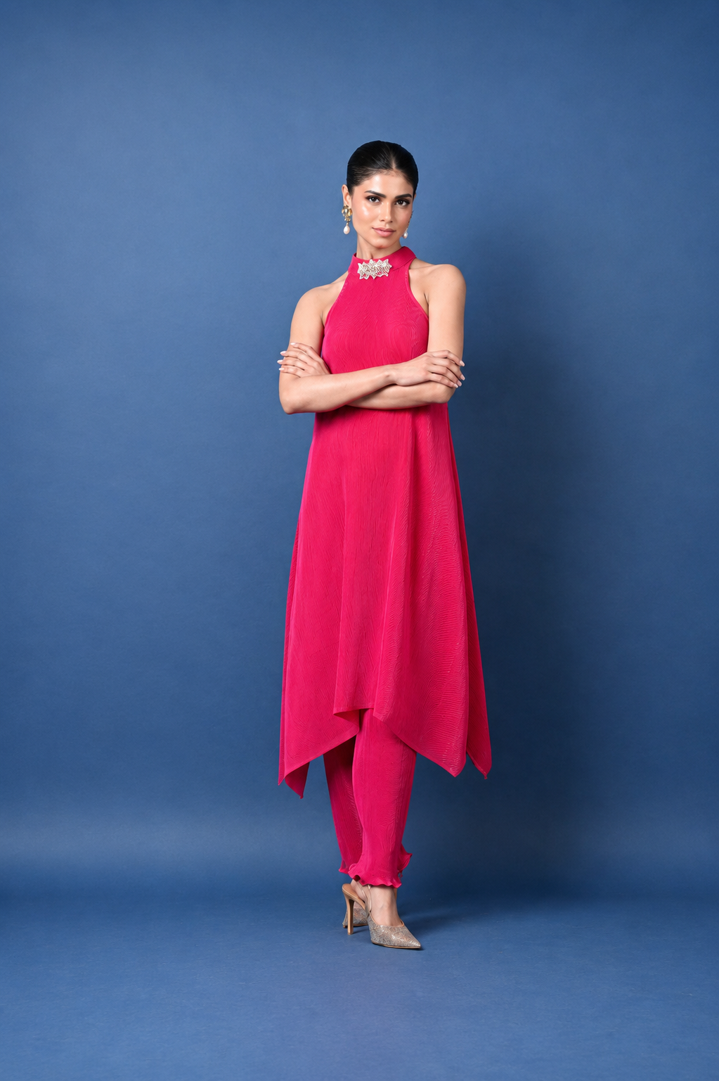 Magenta Pink Pleated Embroidered Halter-Neck Kurta