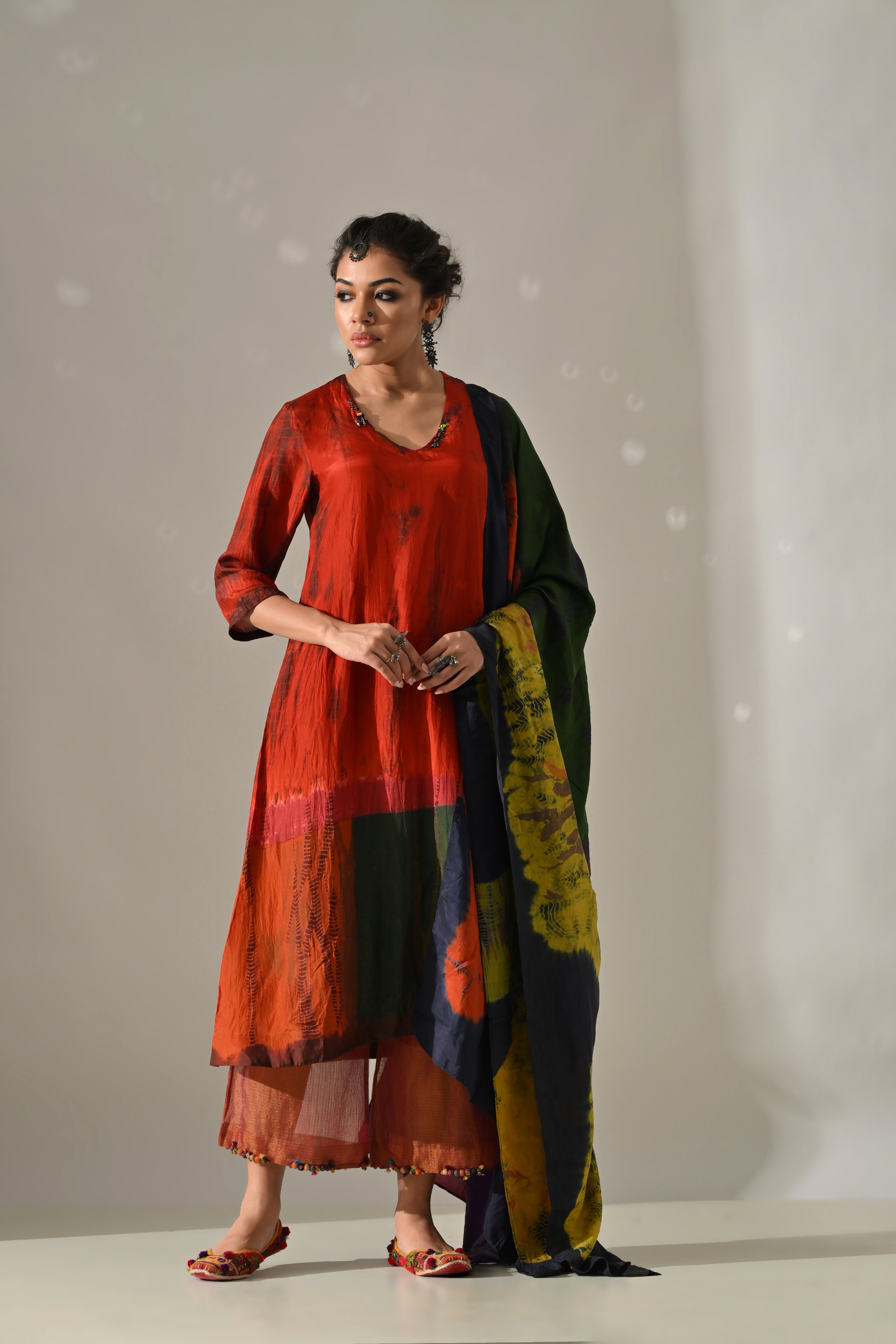 Orange Multi Panel Placement Kurta Set