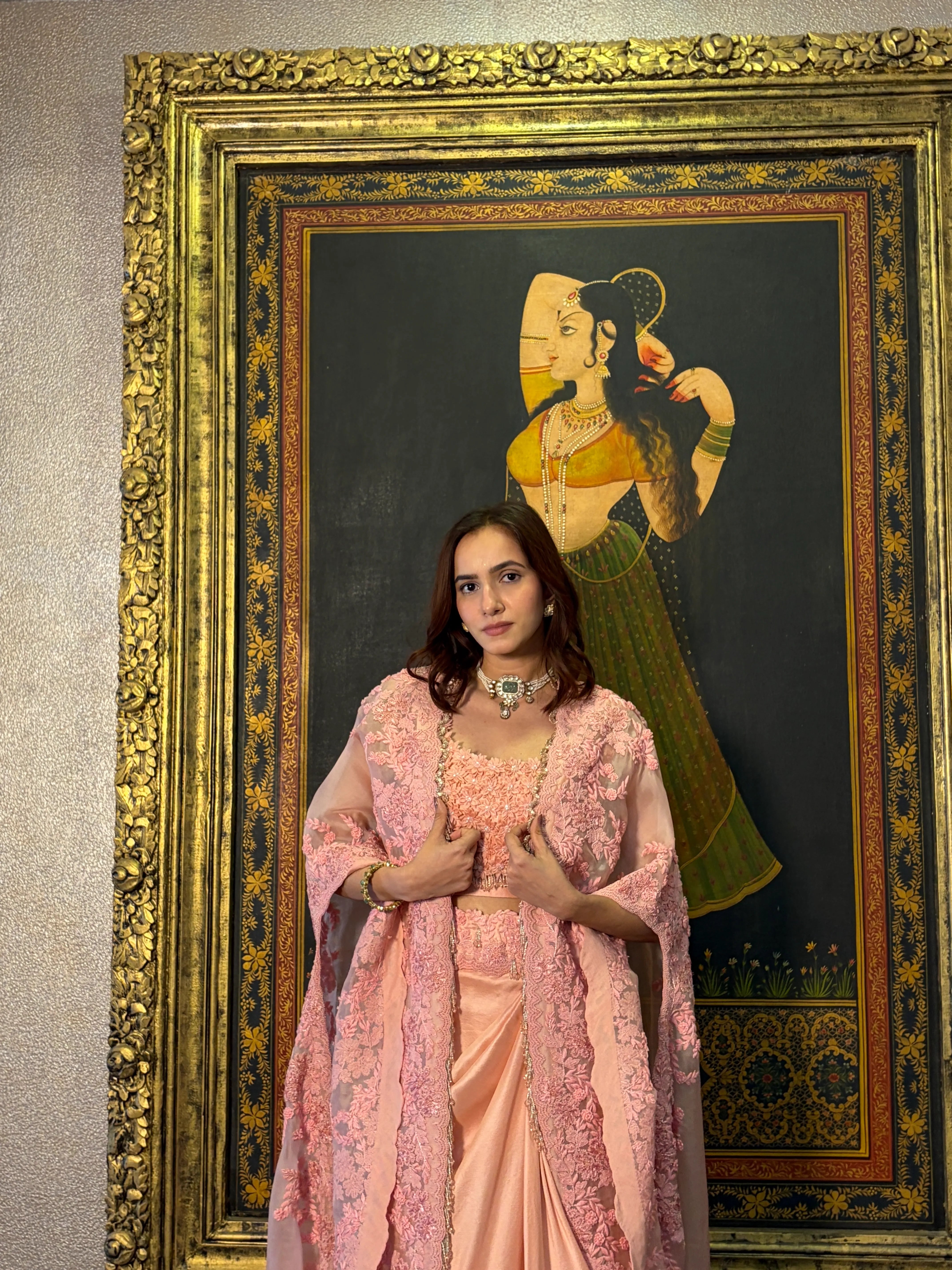 Pink Organza Skirt Set With Cape