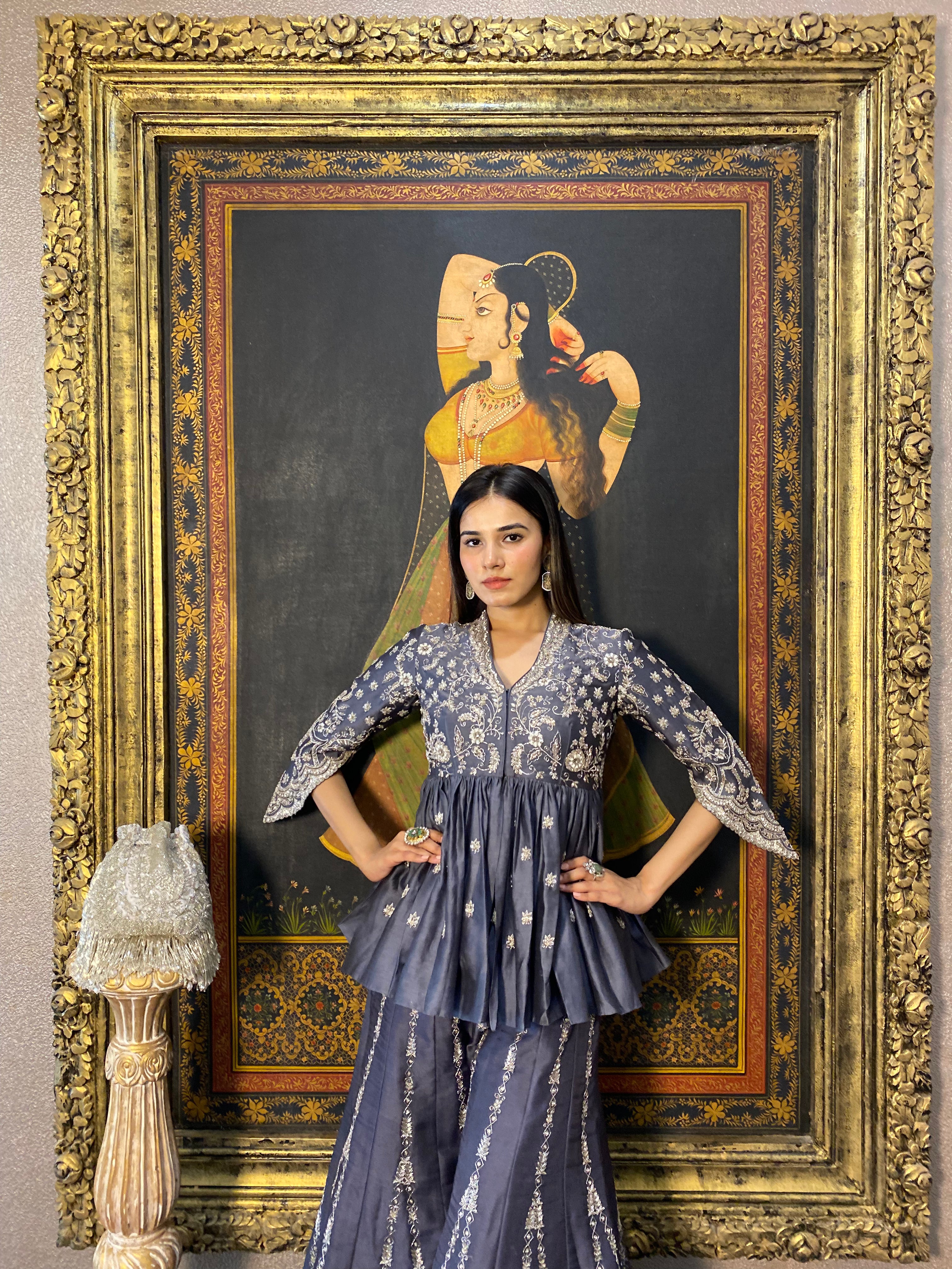 GREY PEPLUM SHARARA SET