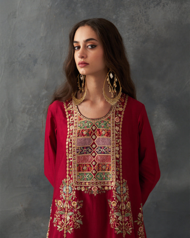 Velvet Patchwork Loose Phiran Kurta set with embroidered bottom.