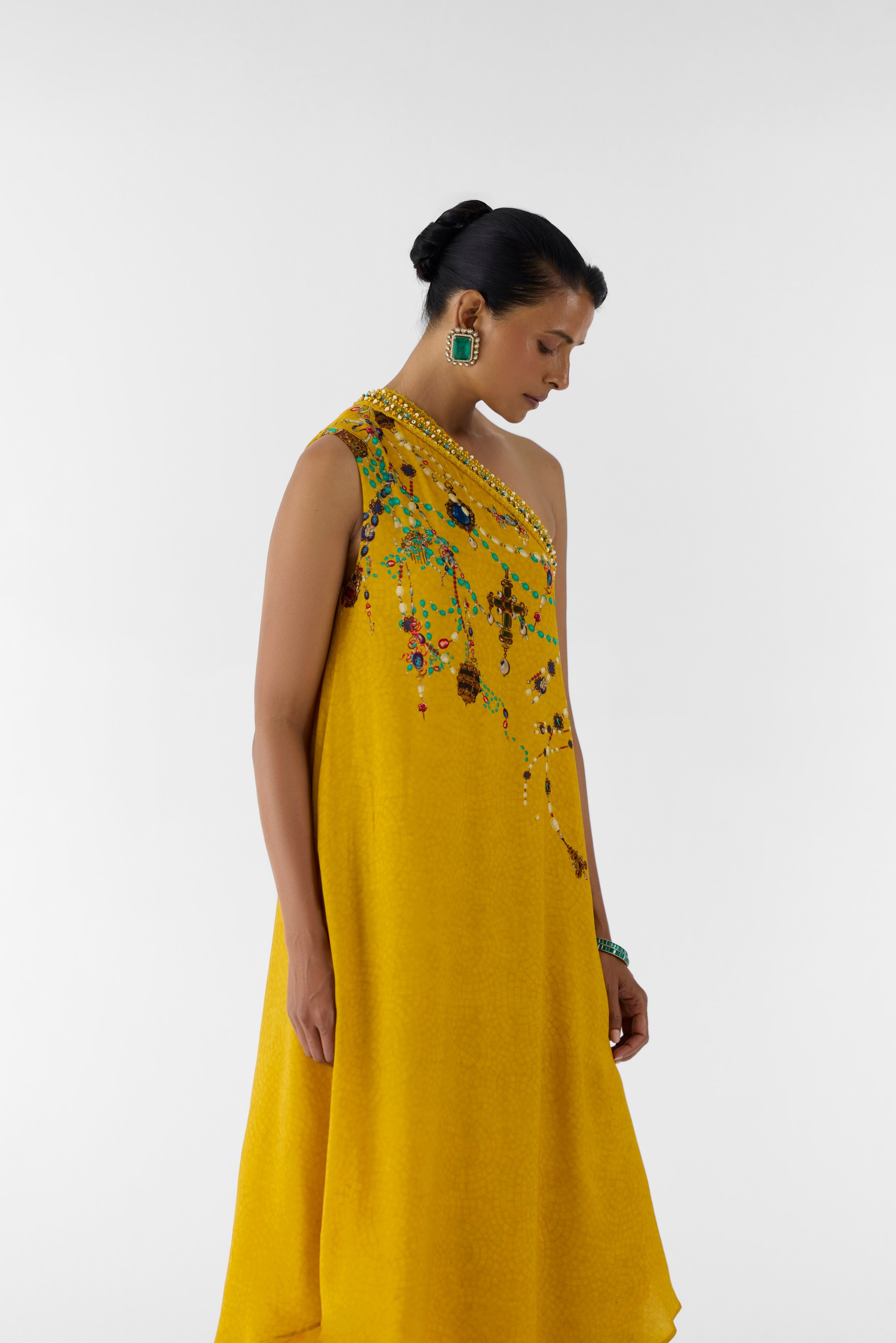 MUSTARD MAHARANI ONE SHOUDLER KURTA & PANTS
