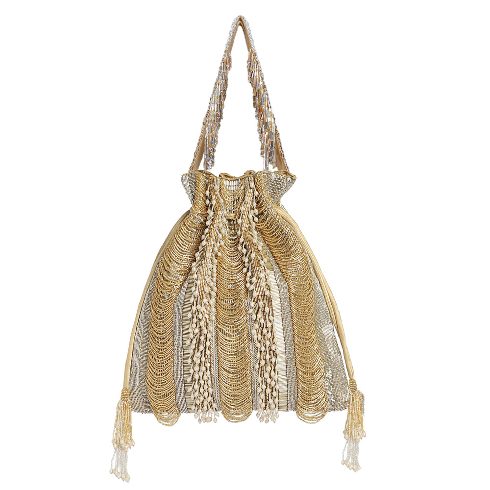 Ruche Potli Peerless Gold Lustrous Silvern with Handle