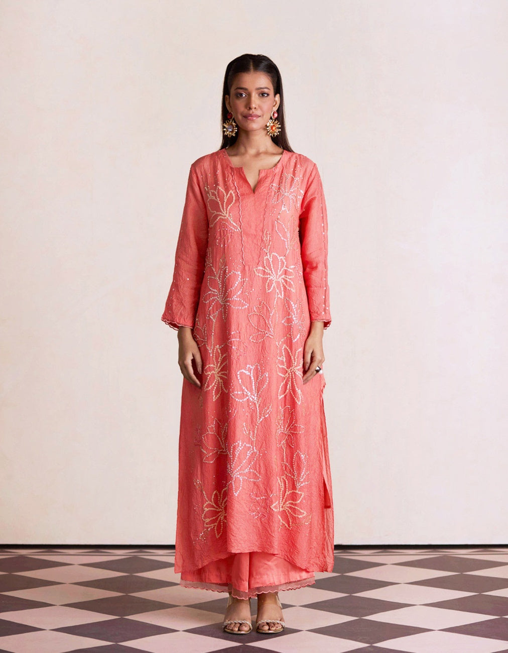 Coral Silk Embroidered Kurta Set