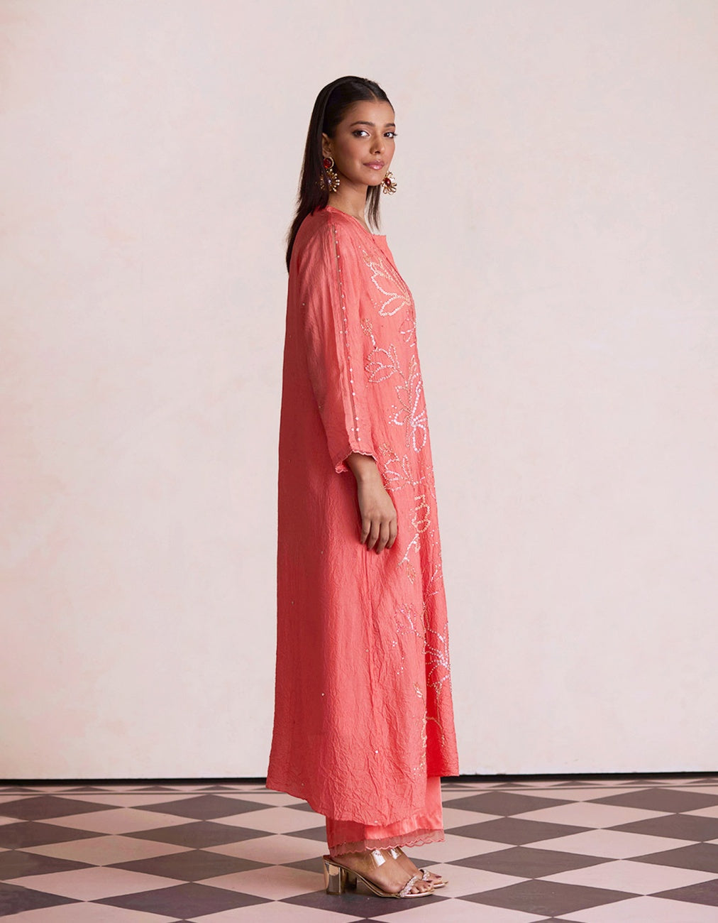 Coral Silk Embroidered Kurta Set