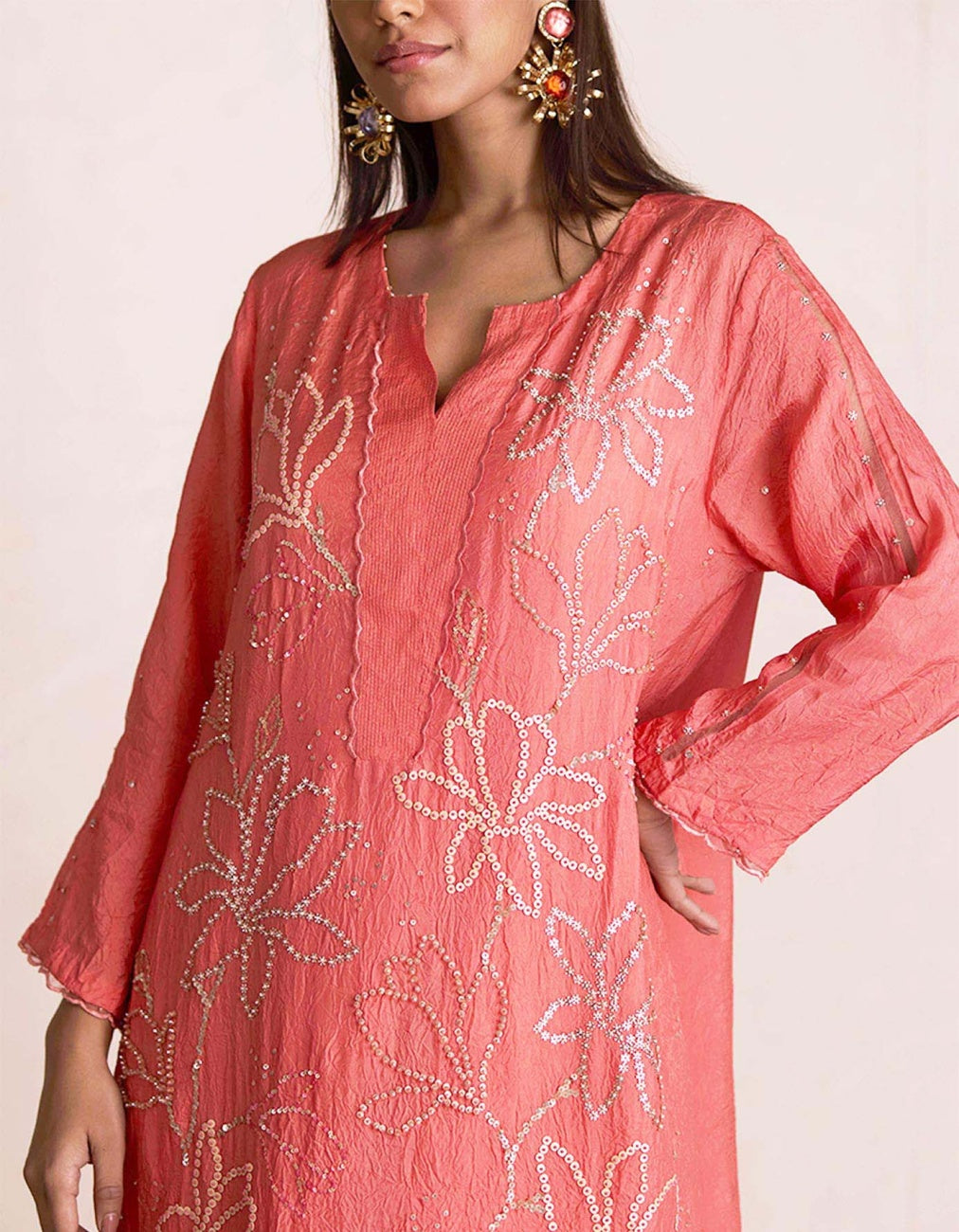 Coral Silk Embroidered Kurta Set
