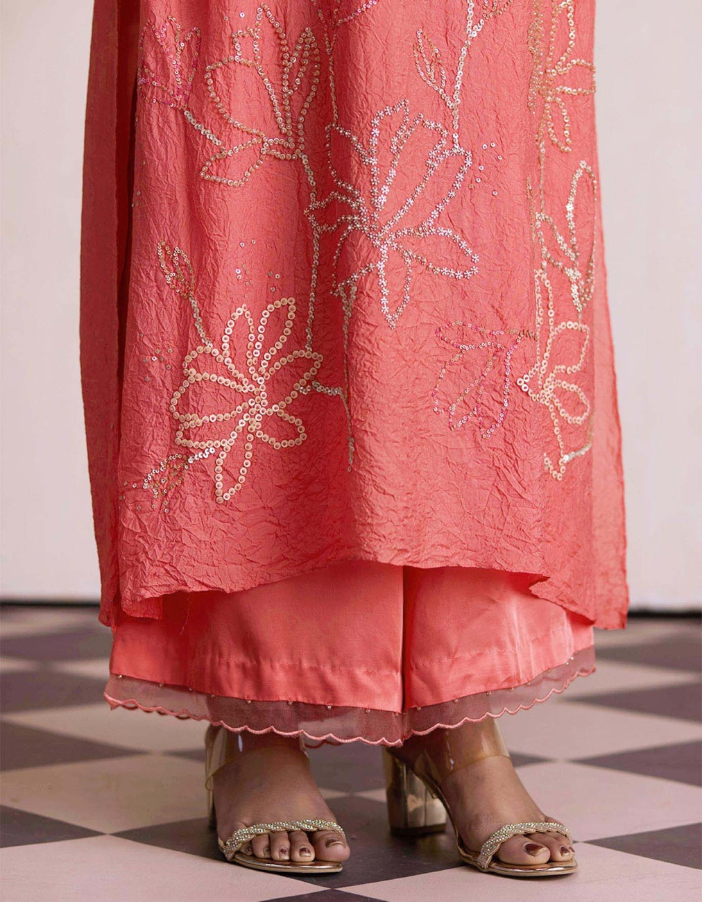Coral Silk Embroidered Kurta Set