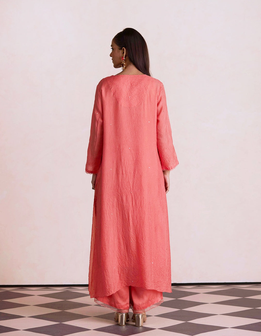Coral Silk Embroidered Kurta Set