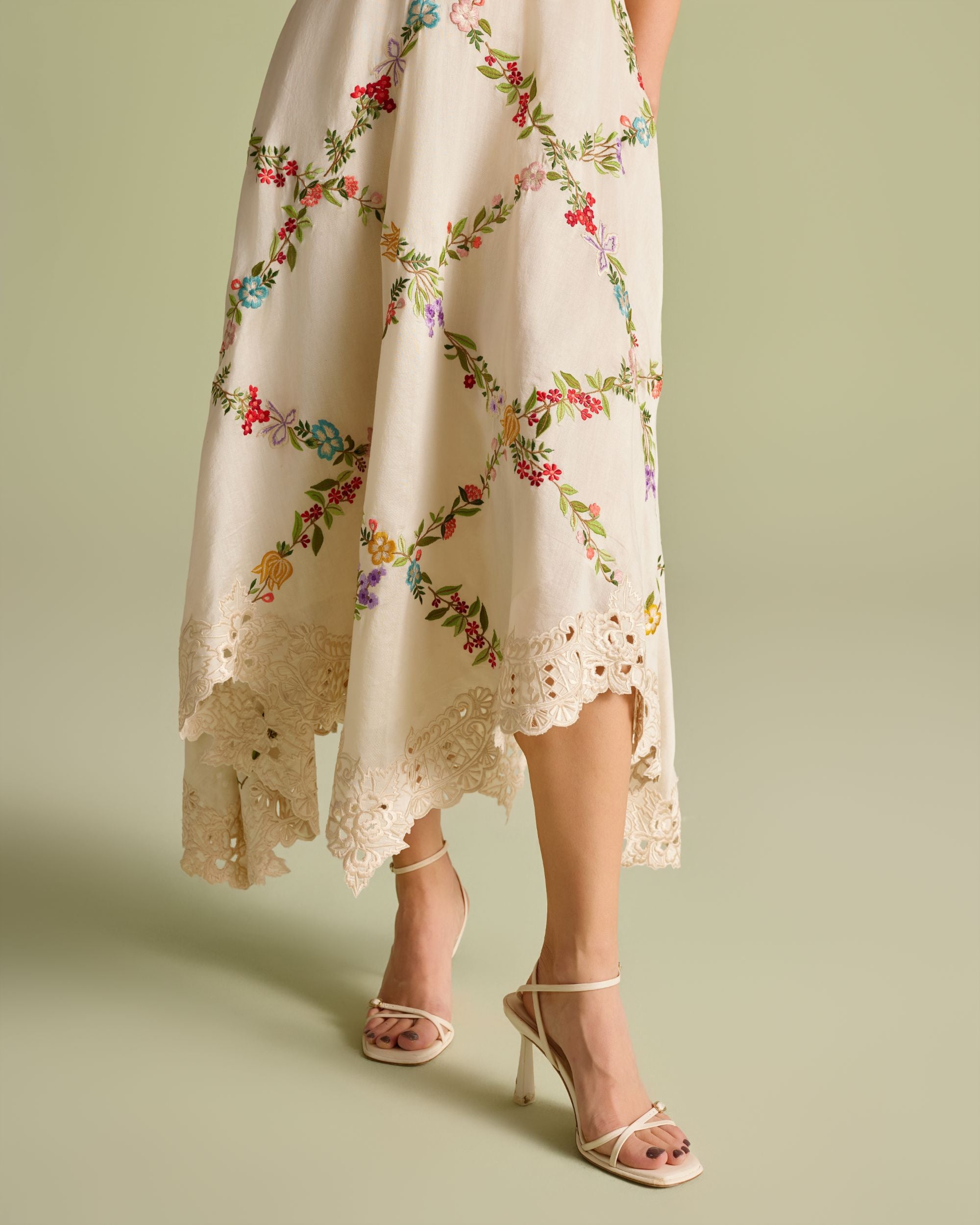 Ivory Floral Vines Embroidered Ruched Dress