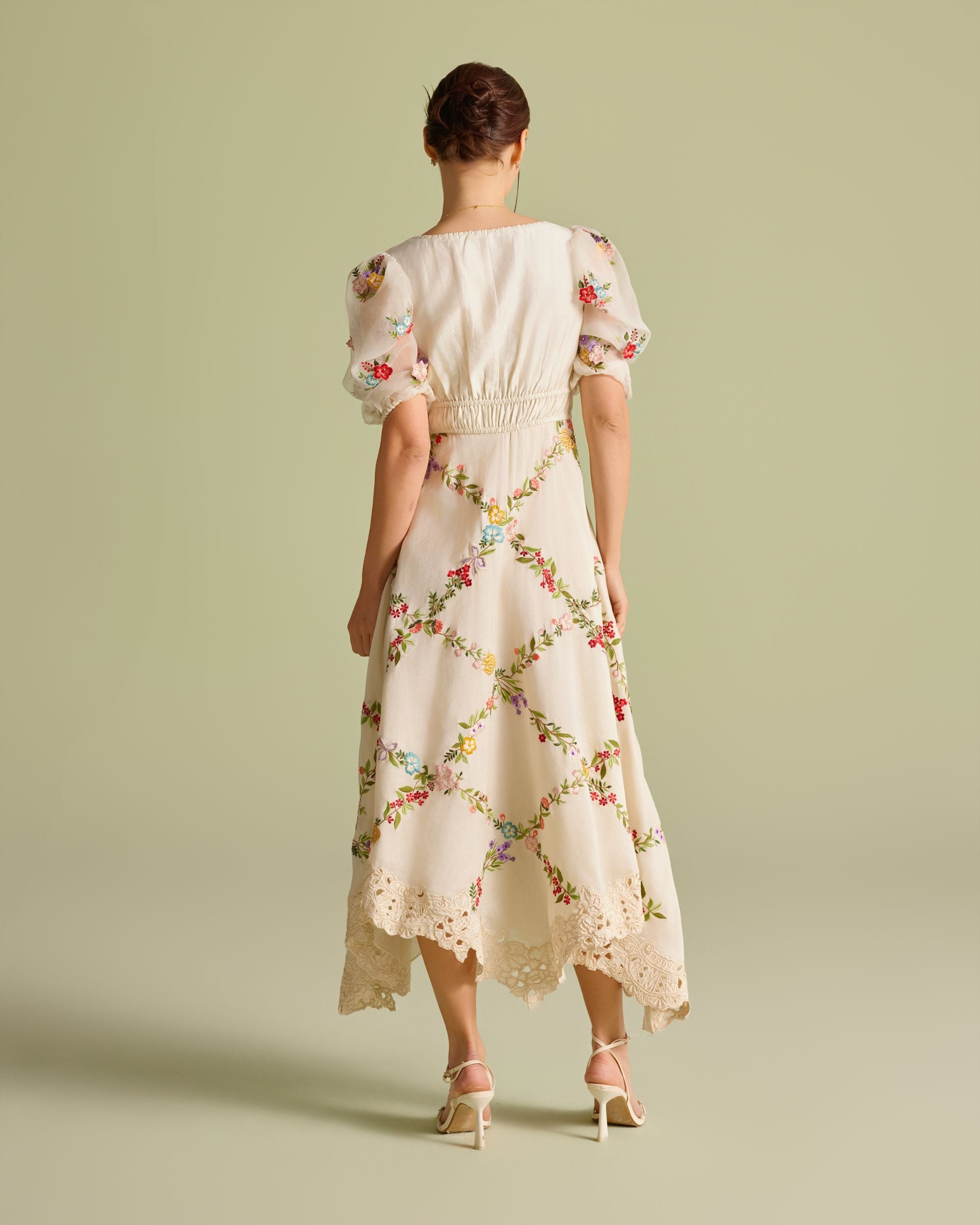 Ivory Floral Vines Embroidered Ruched Dress