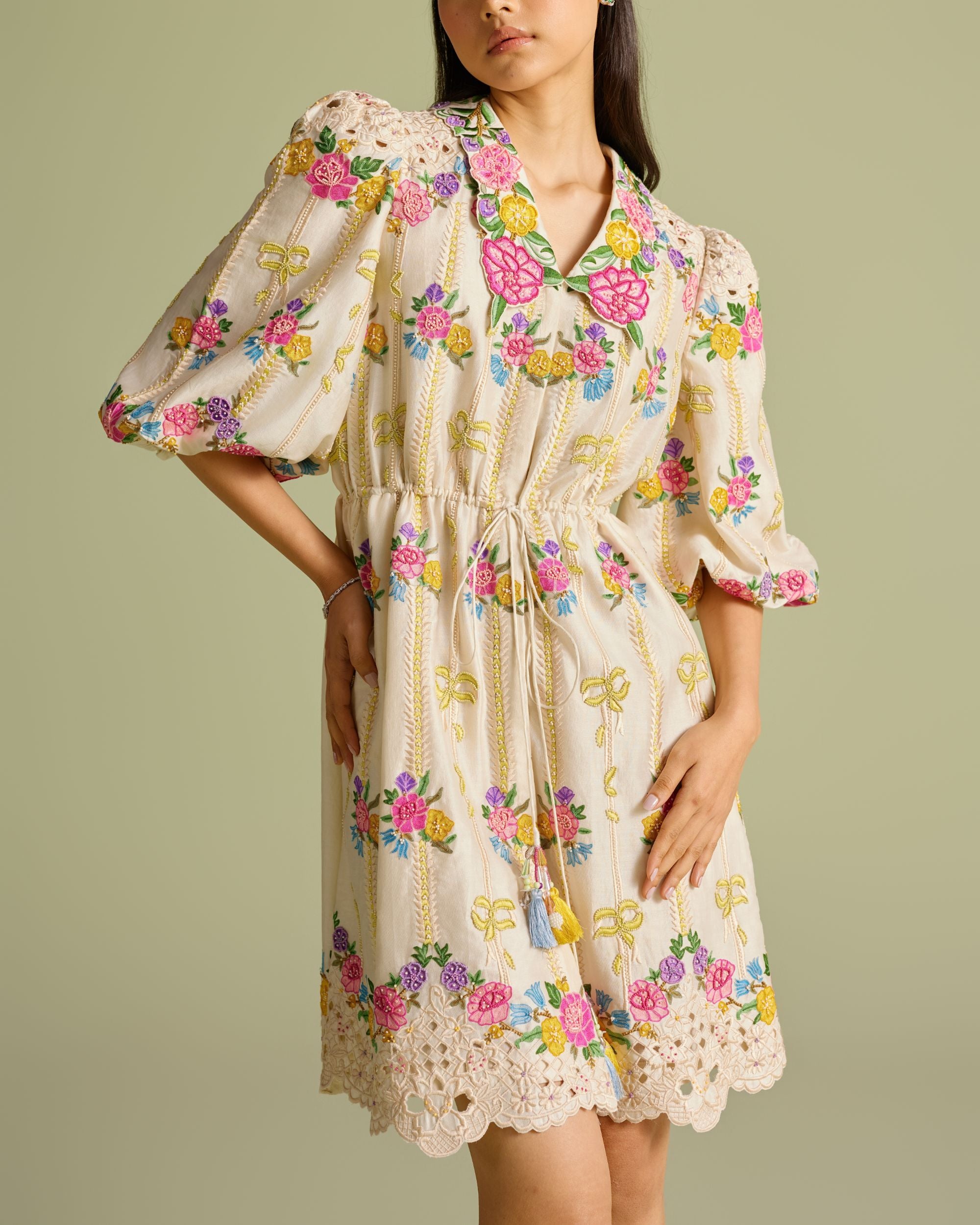 Ivory Floral Striped Short Shirt Dress