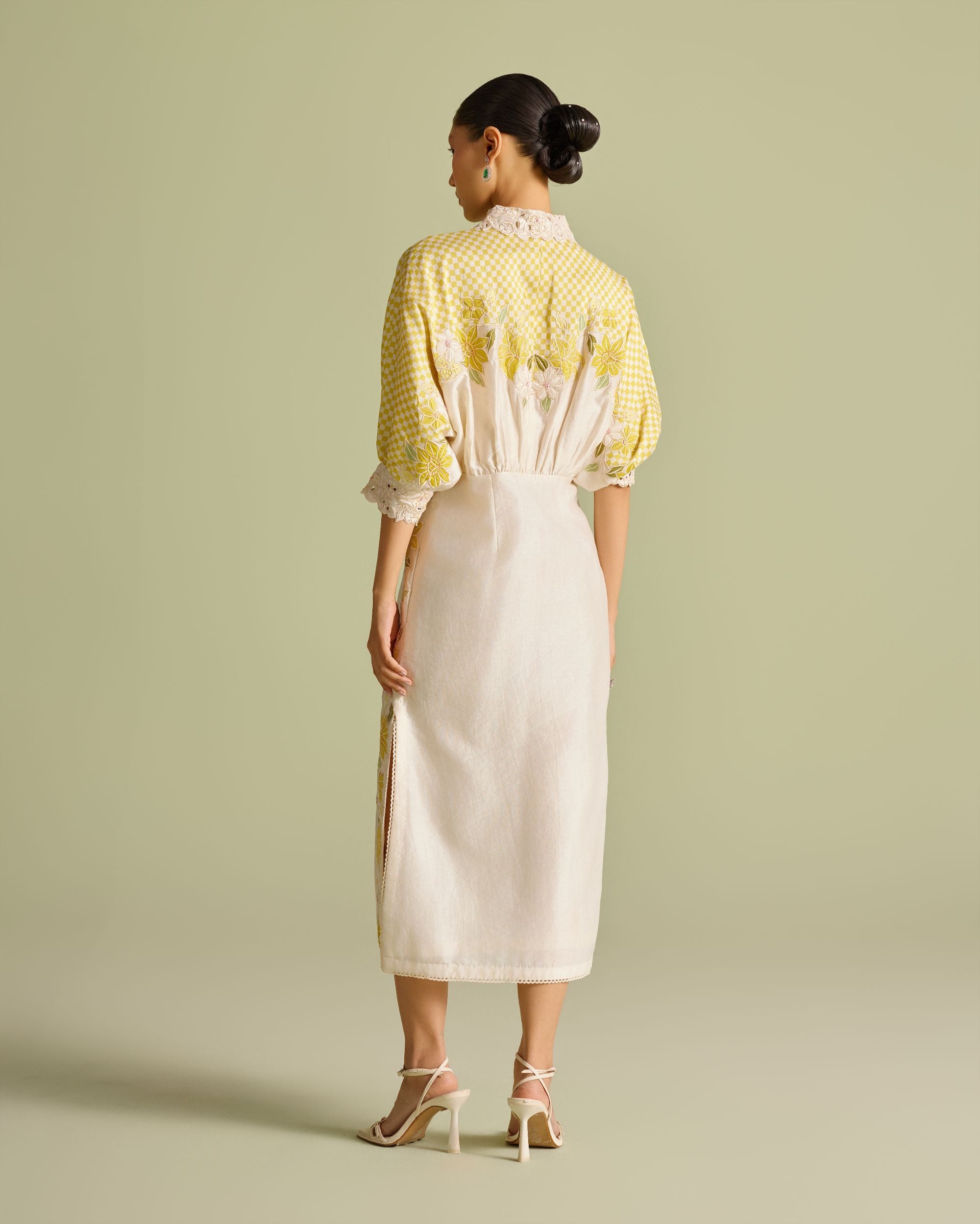 Ivory And Yellow Checkered Kimono Dress