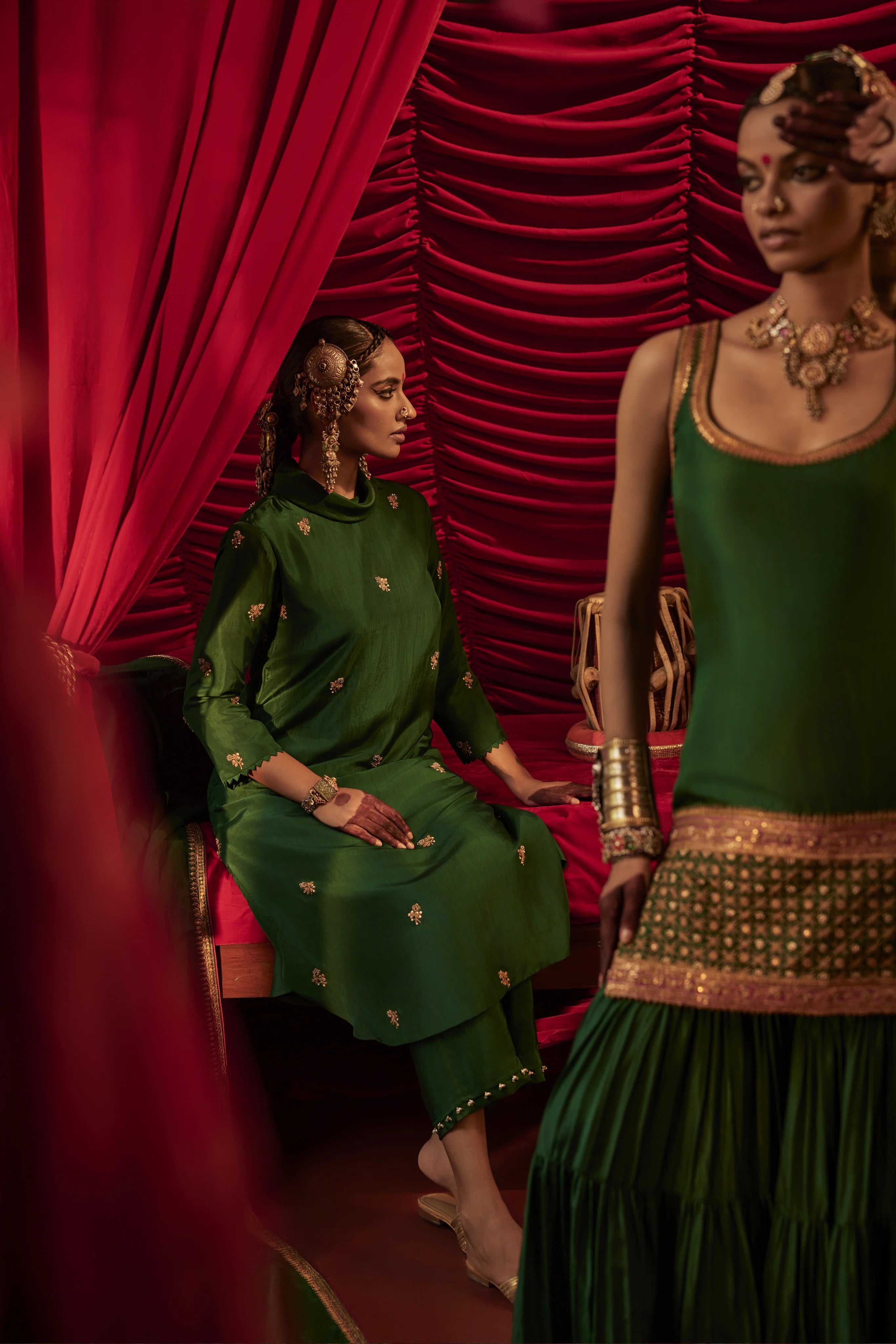 Emerald Green Handwoven Silk Kurta Pant Set | Zardozi Embroidered Banhi Outfit