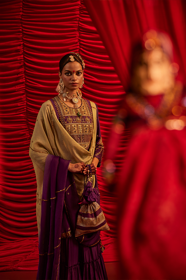 Nitara Handwoven Silk Kurta Sharara Dupatta Set: Exquisite Zardozi & Gota Embroidery