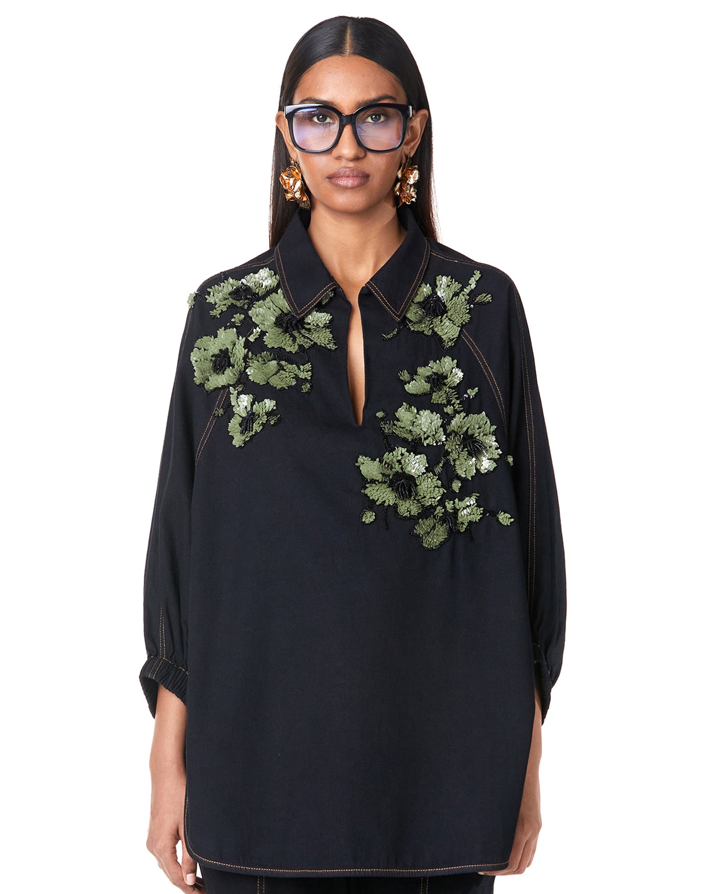 DENIM BOUQUET POLO BATWING SHIRT