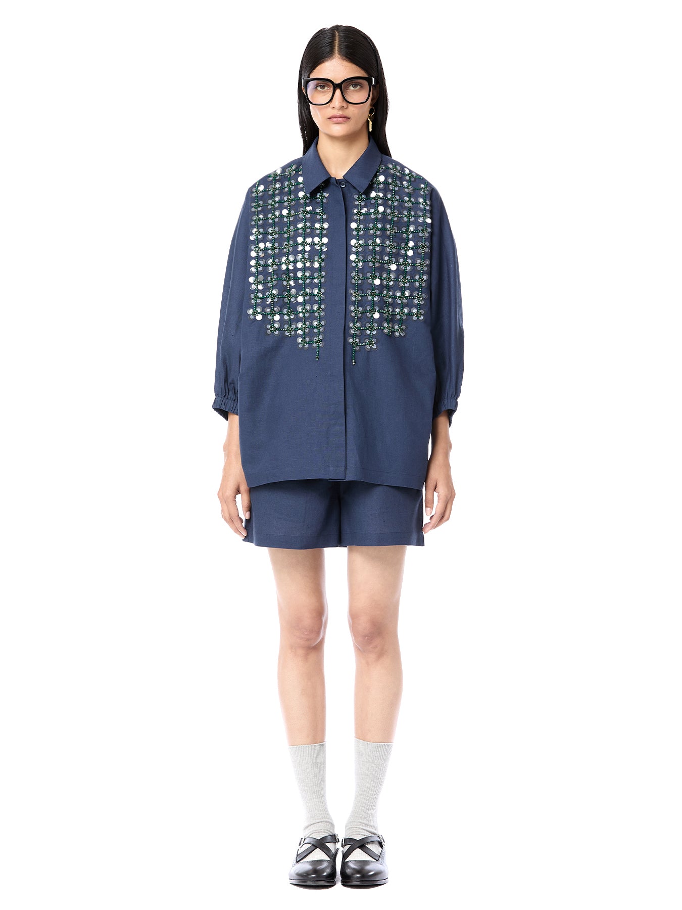 Navy Linen Cotton Handcrafted Oversized Shirt