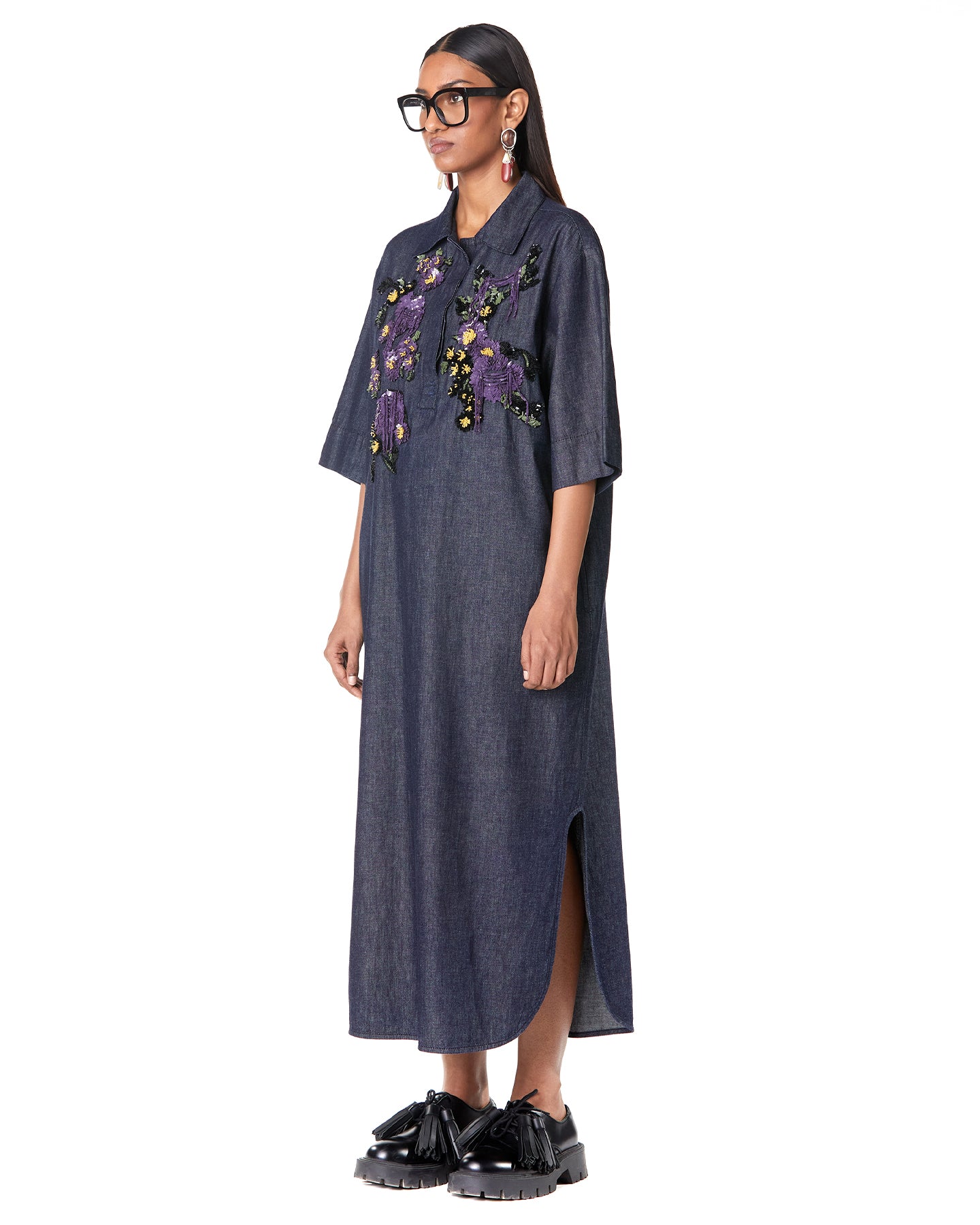 BOUQUET DENIM SHIRT-DRESS