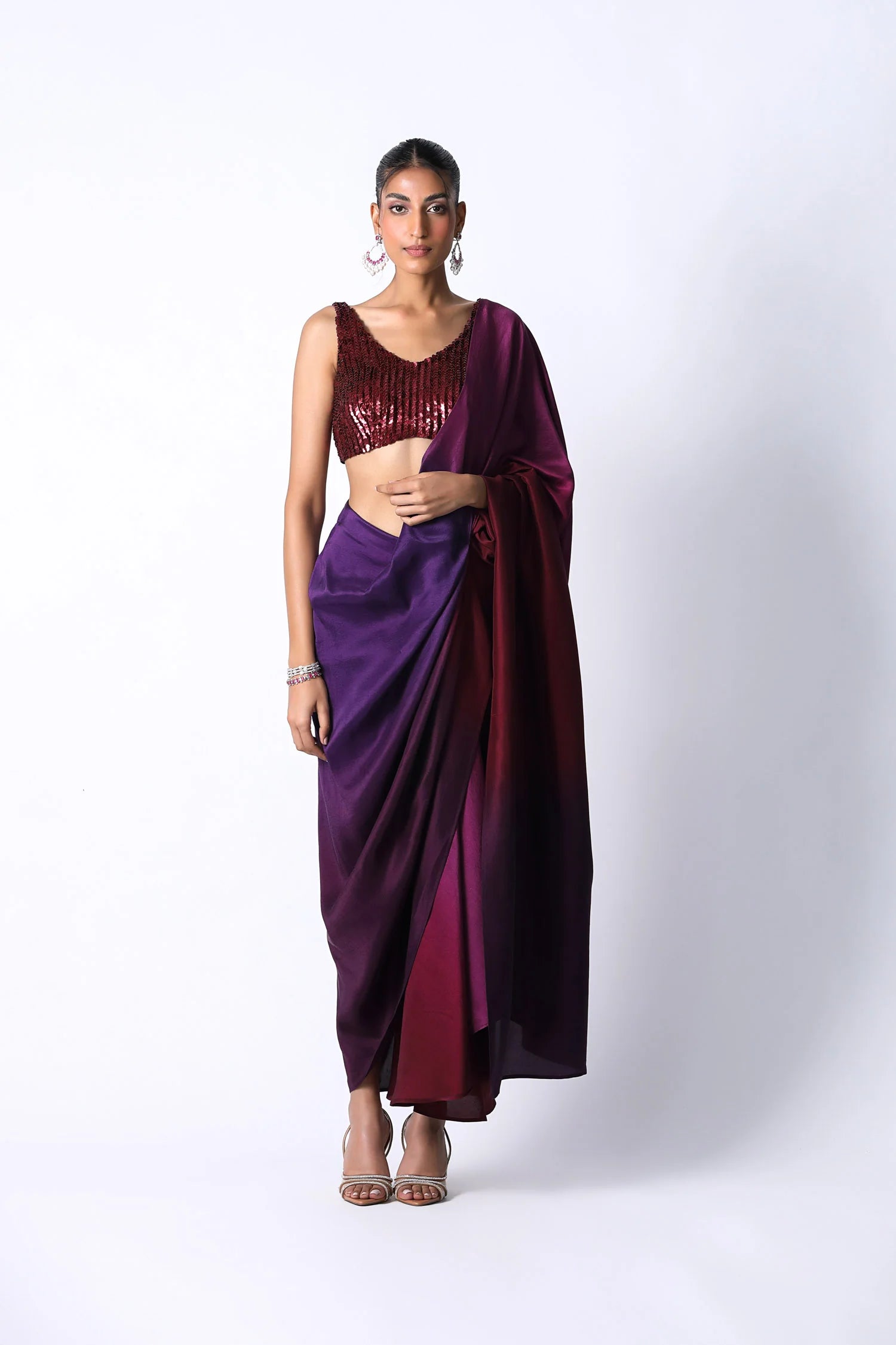 Maroon Ombre Masai Godet Pre Draped Saree With Blouse