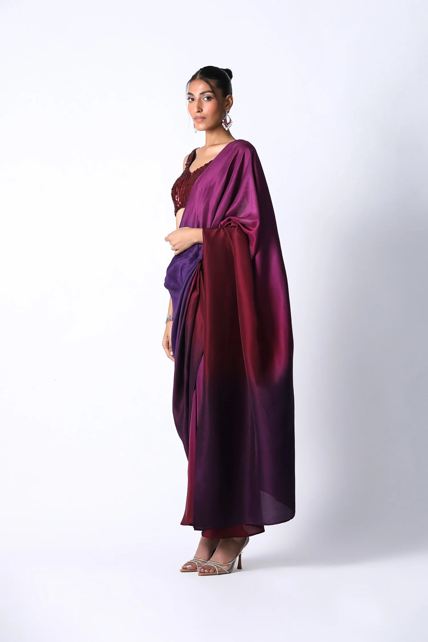 Maroon Ombre Masai Godet Pre Draped Saree With Blouse