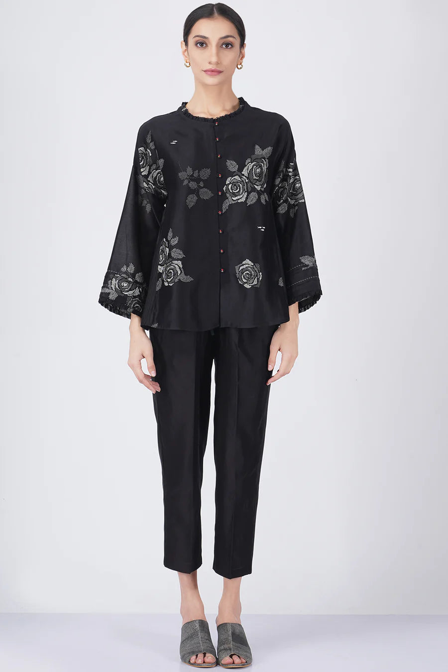 Grey Shade Rose Printed Shirt With Fish Embroidery With Solid Pant