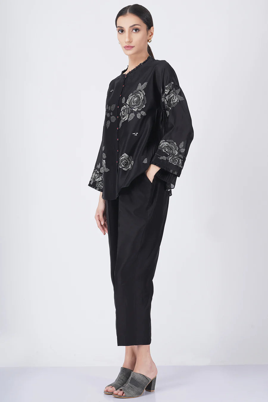 Grey Shade Rose Printed Shirt With Fish Embroidery With Solid Pant